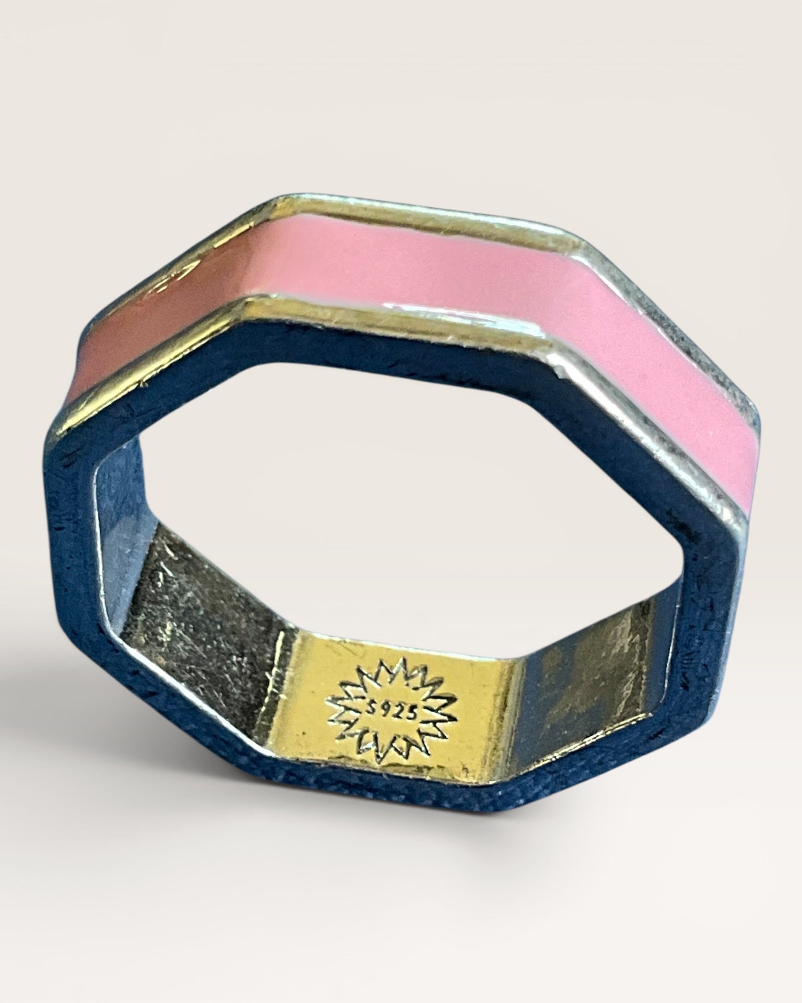 Sterling Silver Pink Enamel Octagon Ring - Estate Sale (Great Condition)