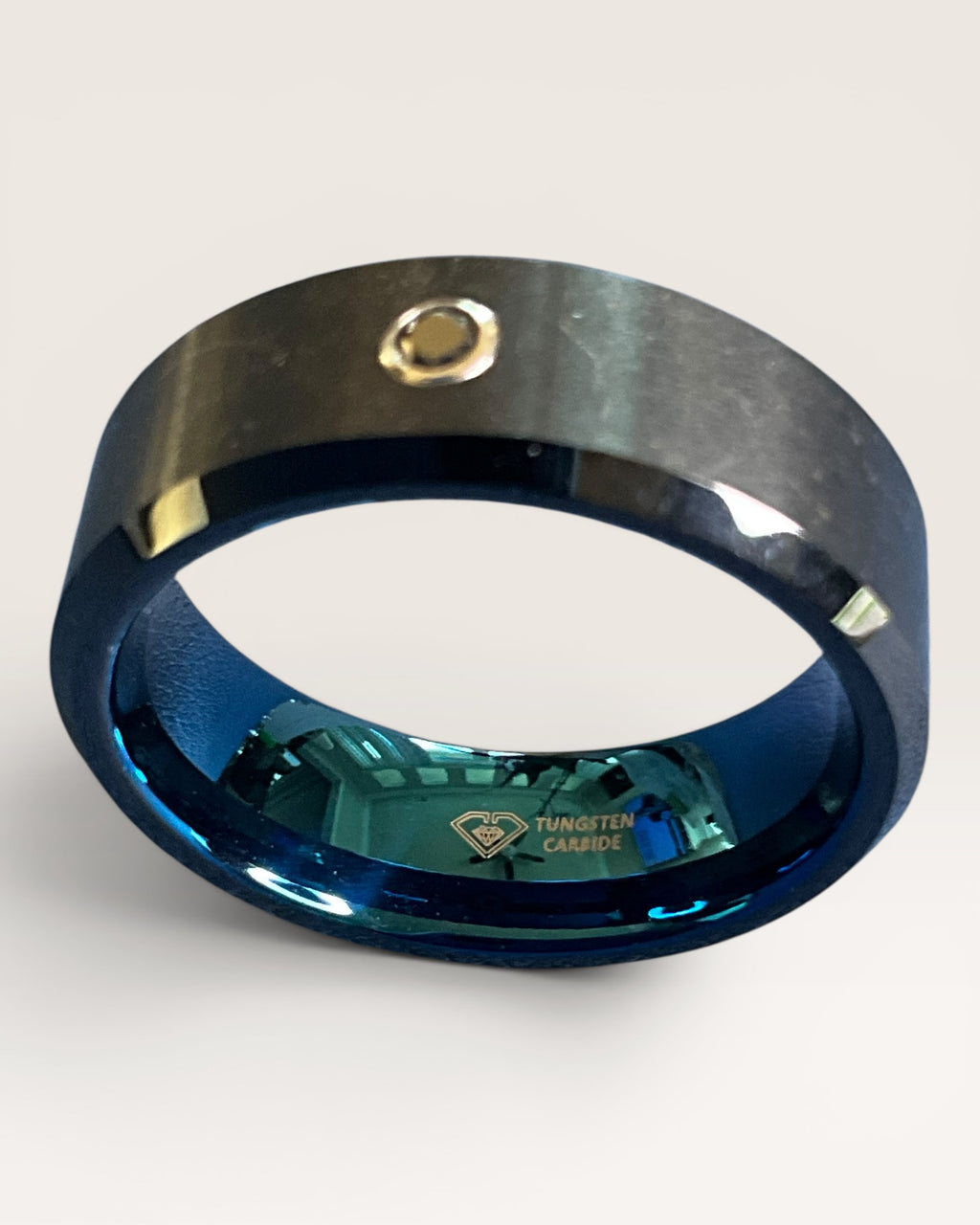 Men's Tungsten Carbide Blue & Black with 1/20th CT TW White Diamond Wedding Ring - Estate Sale (Great Condition)