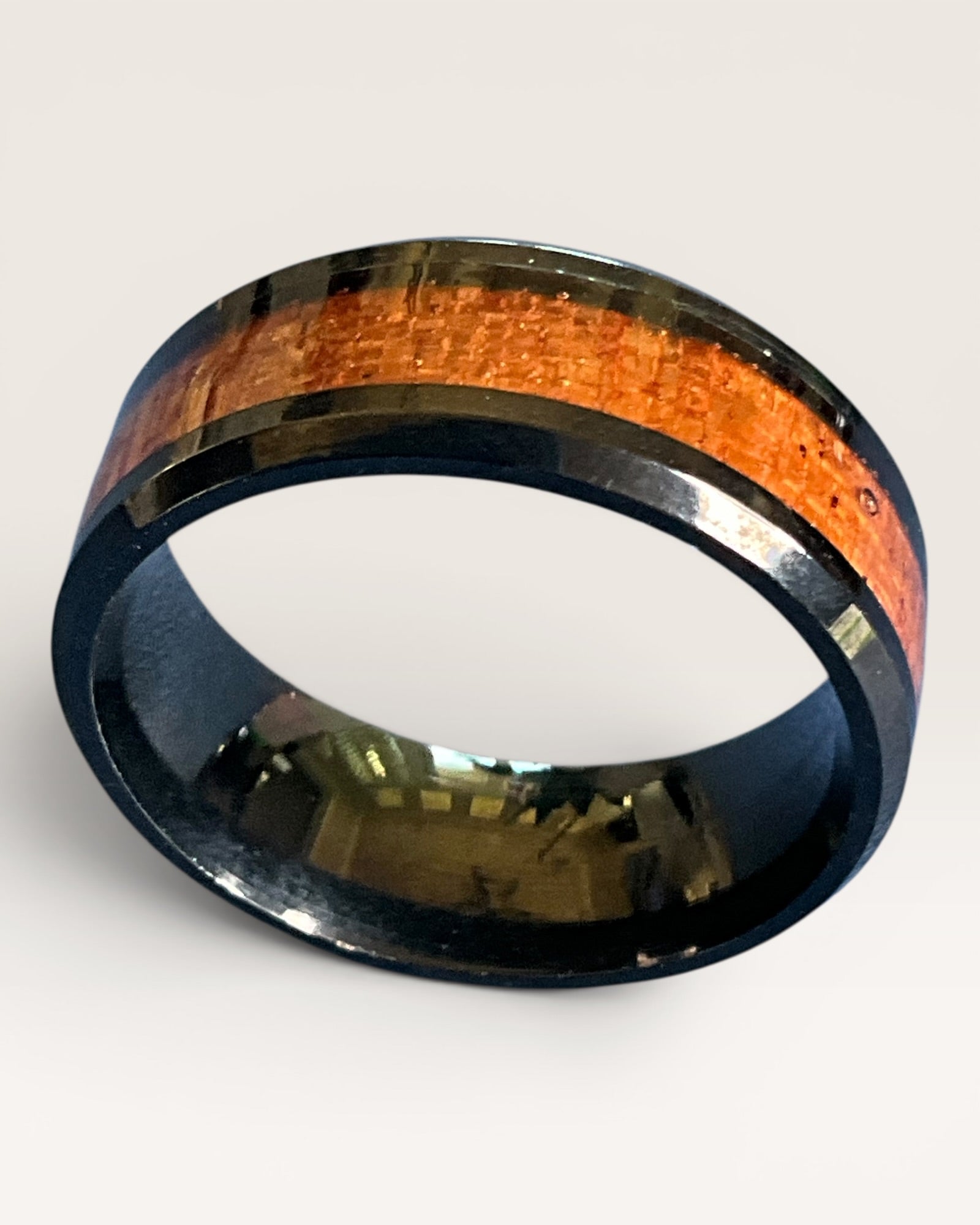 Black Tungsten Carbide Beveled Edge Ring with Koa Wood Inlay - Estate Sale (Great Condition)
