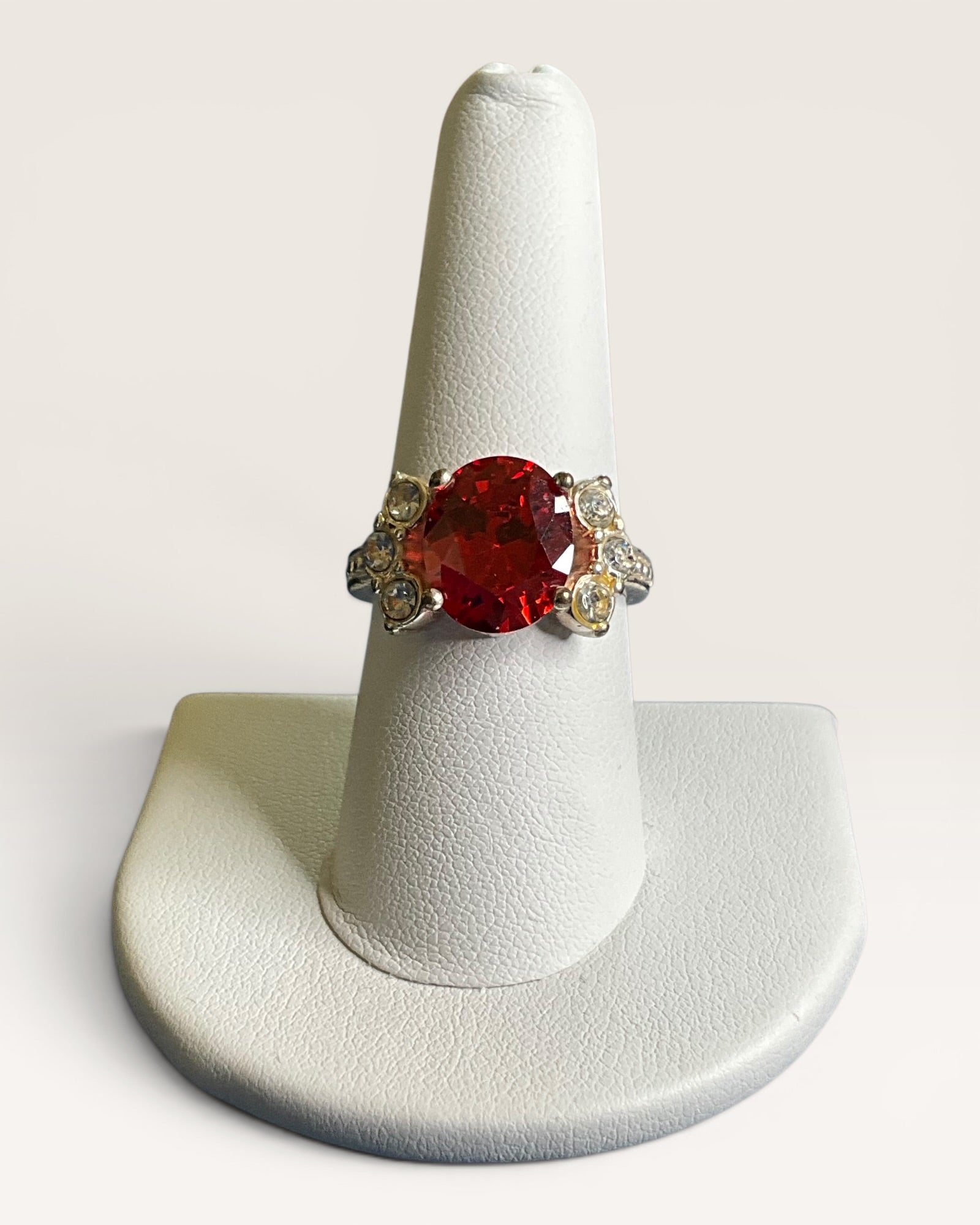 Vintage Avon / NRQ Red Cubic Zirconia & White Stones on Silver Tone Ring - Estate Sale (Great Condition)