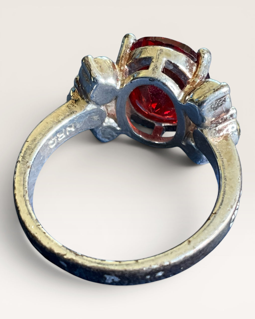 Vintage Avon / NRQ Red Cubic Zirconia & White Stones on Silver Tone Ring - Estate Sale (Great Condition)