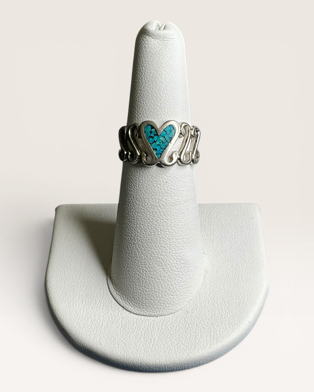 Turquoise Inlayed Sterling Silver Heart Ring Southwest Style - Estate Sale (Great Condition)