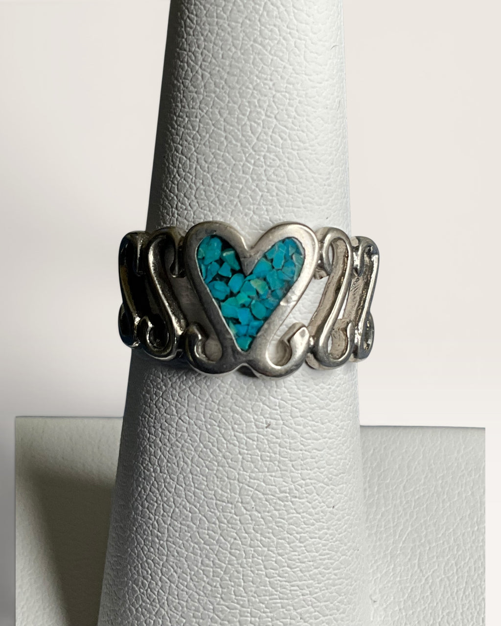Turquoise Inlayed Sterling Silver Heart Ring Southwest Style - Estate Sale (Great Condition)