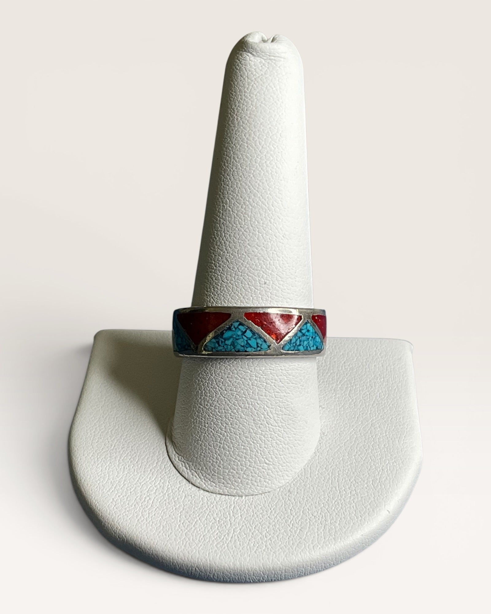 Native American Inlay Chip Turquoise & Coral Band Ring - Estate Sale (Great Condition)