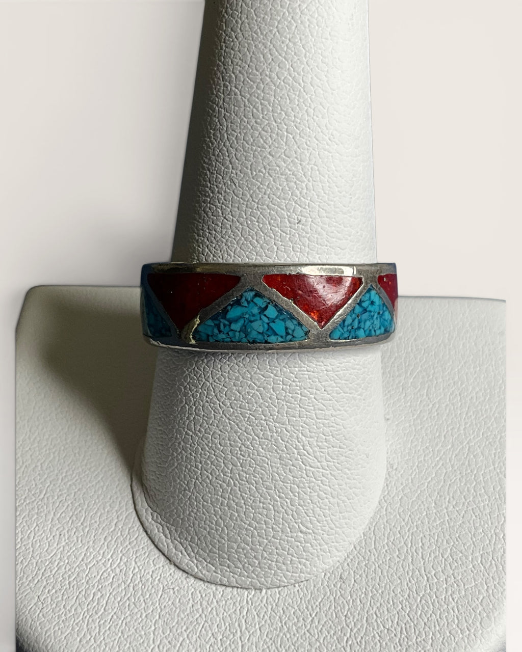 Native American Inlay Chip Turquoise & Coral Band Ring - Estate Sale (Great Condition)