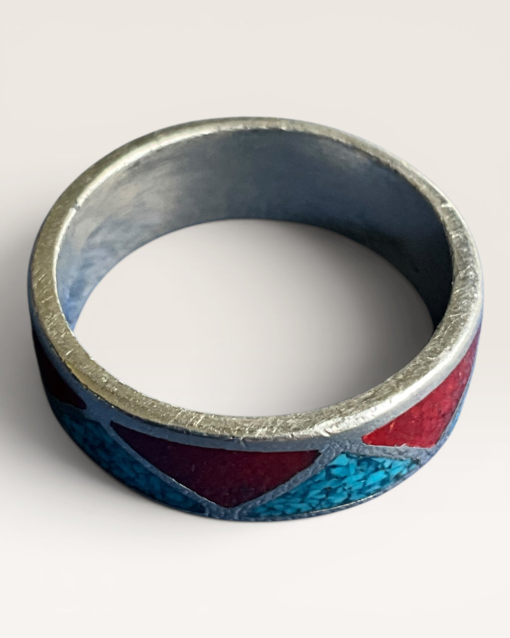 Native American Inlay Chip Turquoise & Coral Band Ring - Estate Sale (Great Condition)