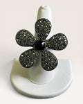 Gunmetal Crystal Flower Black & Smoky Rhinestone Ring - Estate Sale (Great Condition)