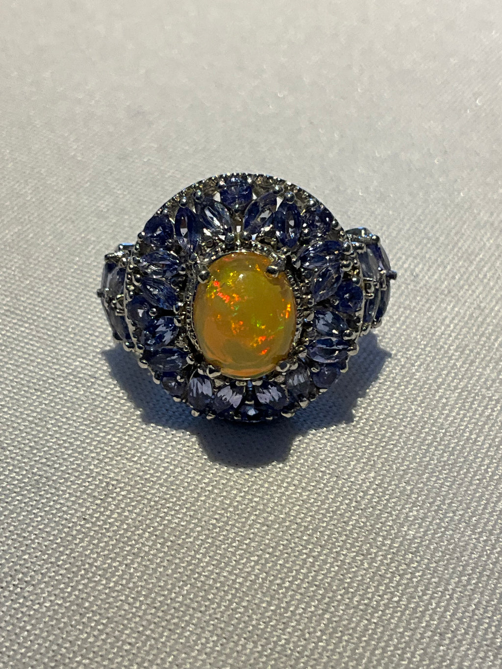 Ethiopian Opal Cabochon and Tanzanite Cluster Ring - Estate Sale (Great Condition)