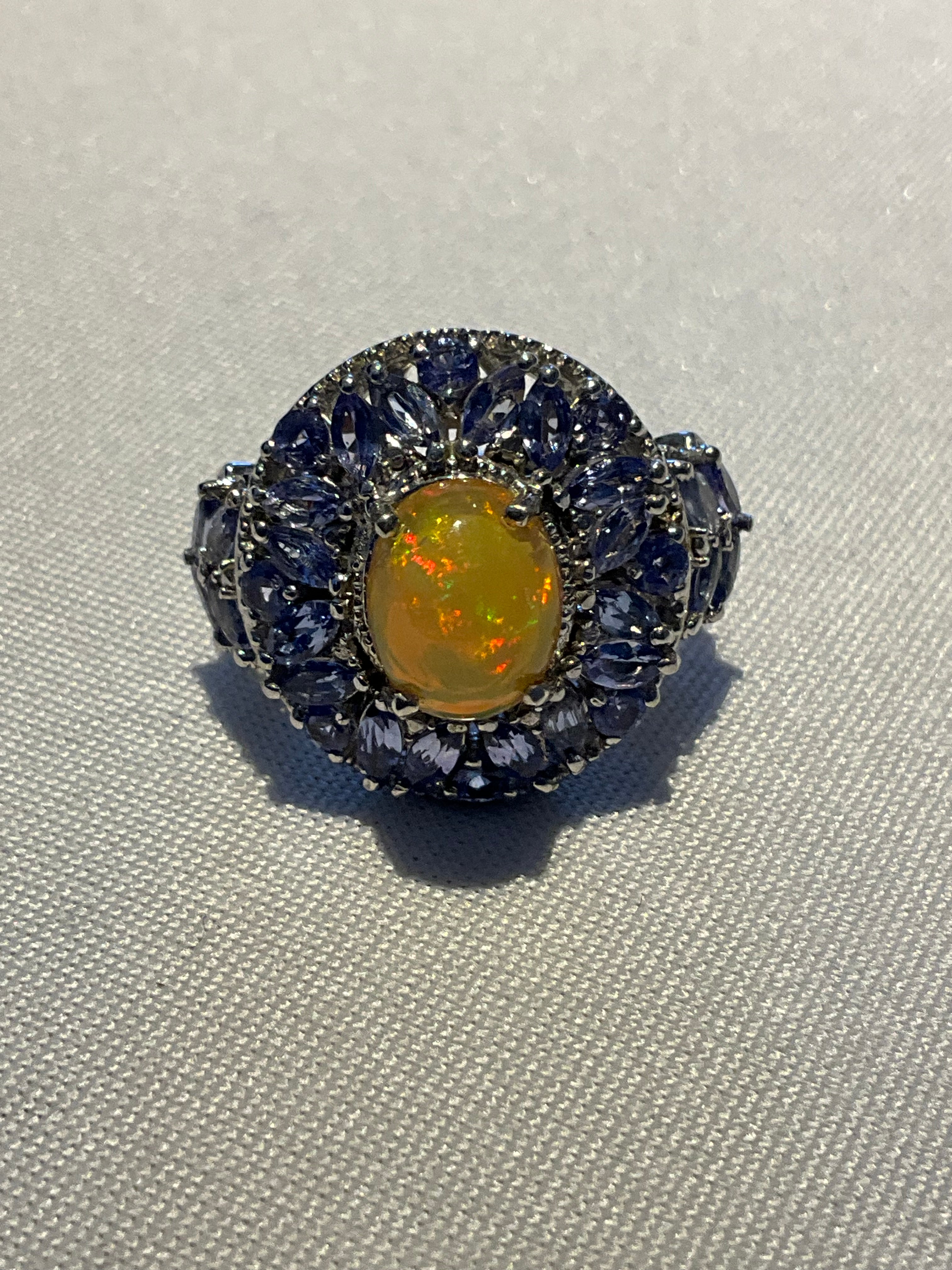 Ethiopian Opal Cabochon and Tanzanite Cluster Ring - Estate Sale (Great Condition)