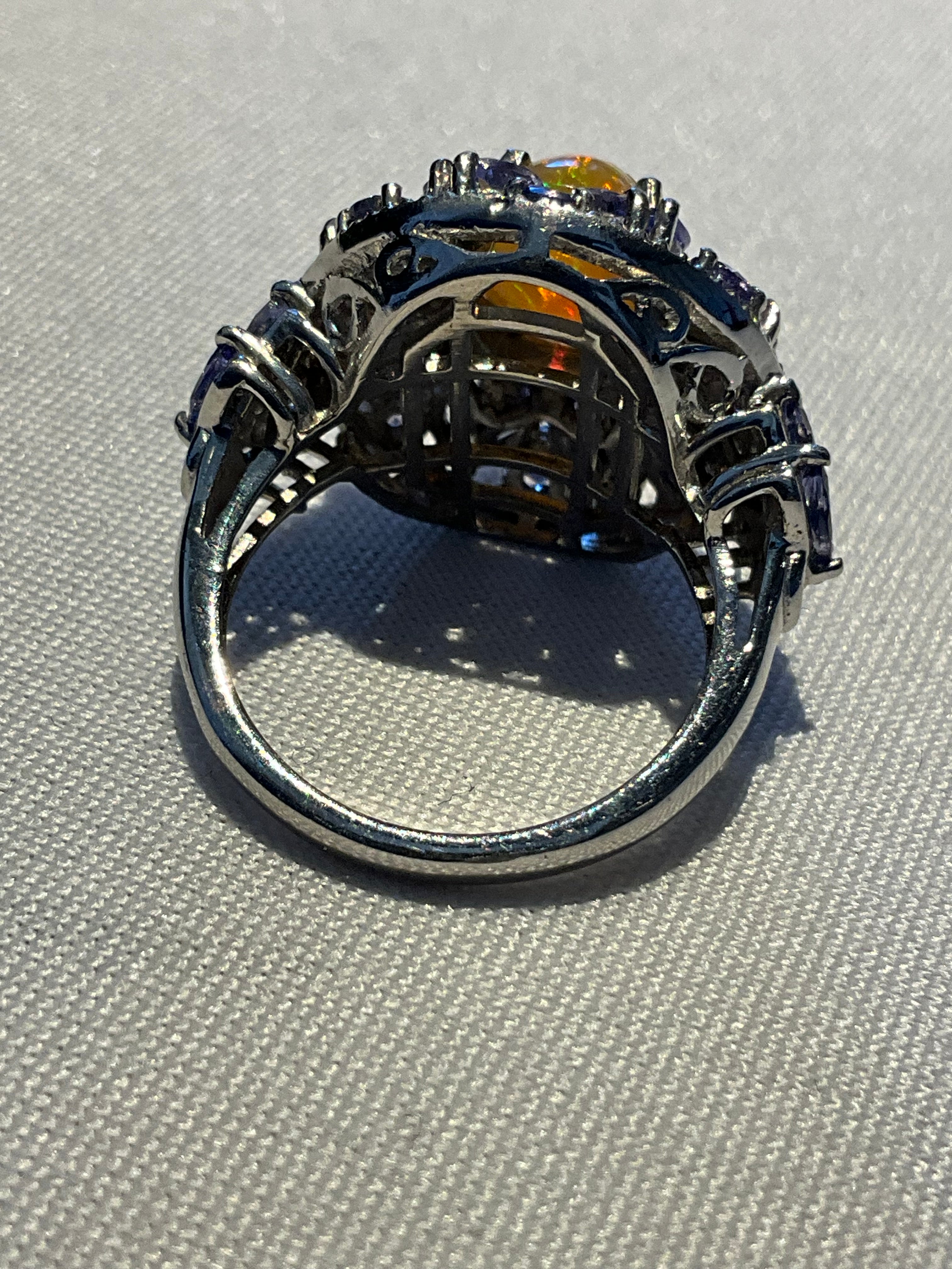 Ethiopian Opal Cabochon and Tanzanite Cluster Ring - Estate Sale (Great Condition)