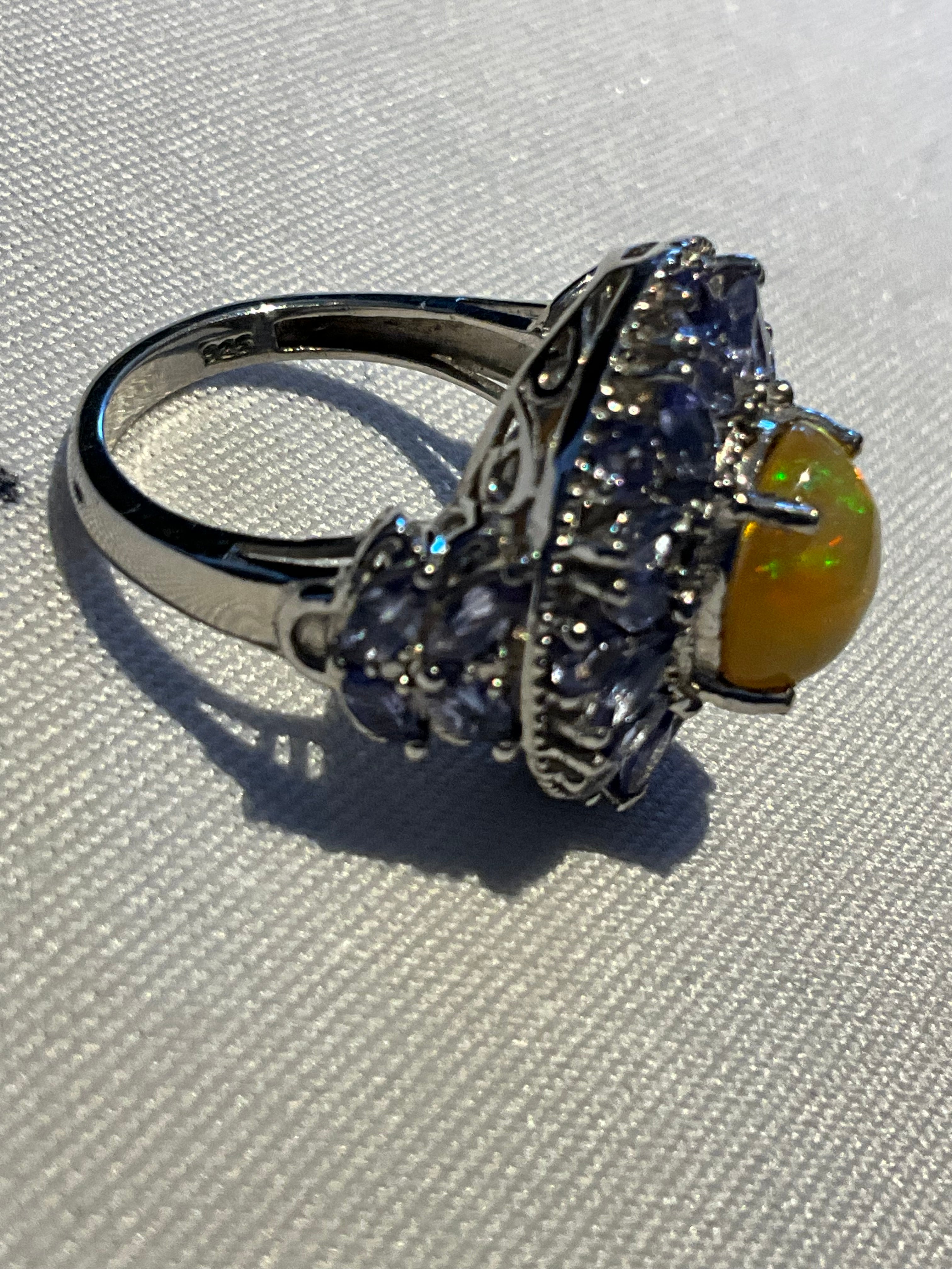 Ethiopian Opal Cabochon and Tanzanite Cluster Ring - Estate Sale (Great Condition)
