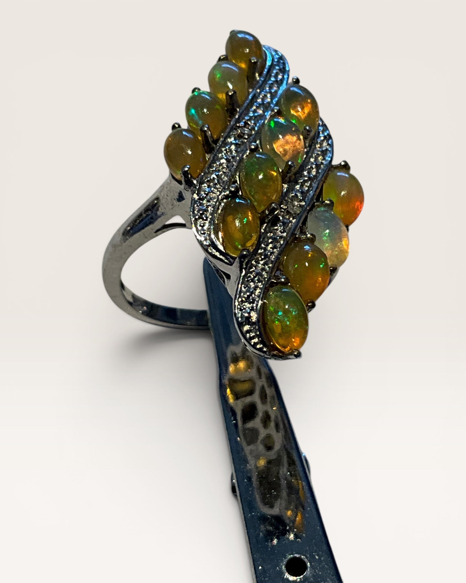 Sterling Silver Ethiopian Fire Opal & Diamond Gemstone Ring - Estate Sale (Great Condition)