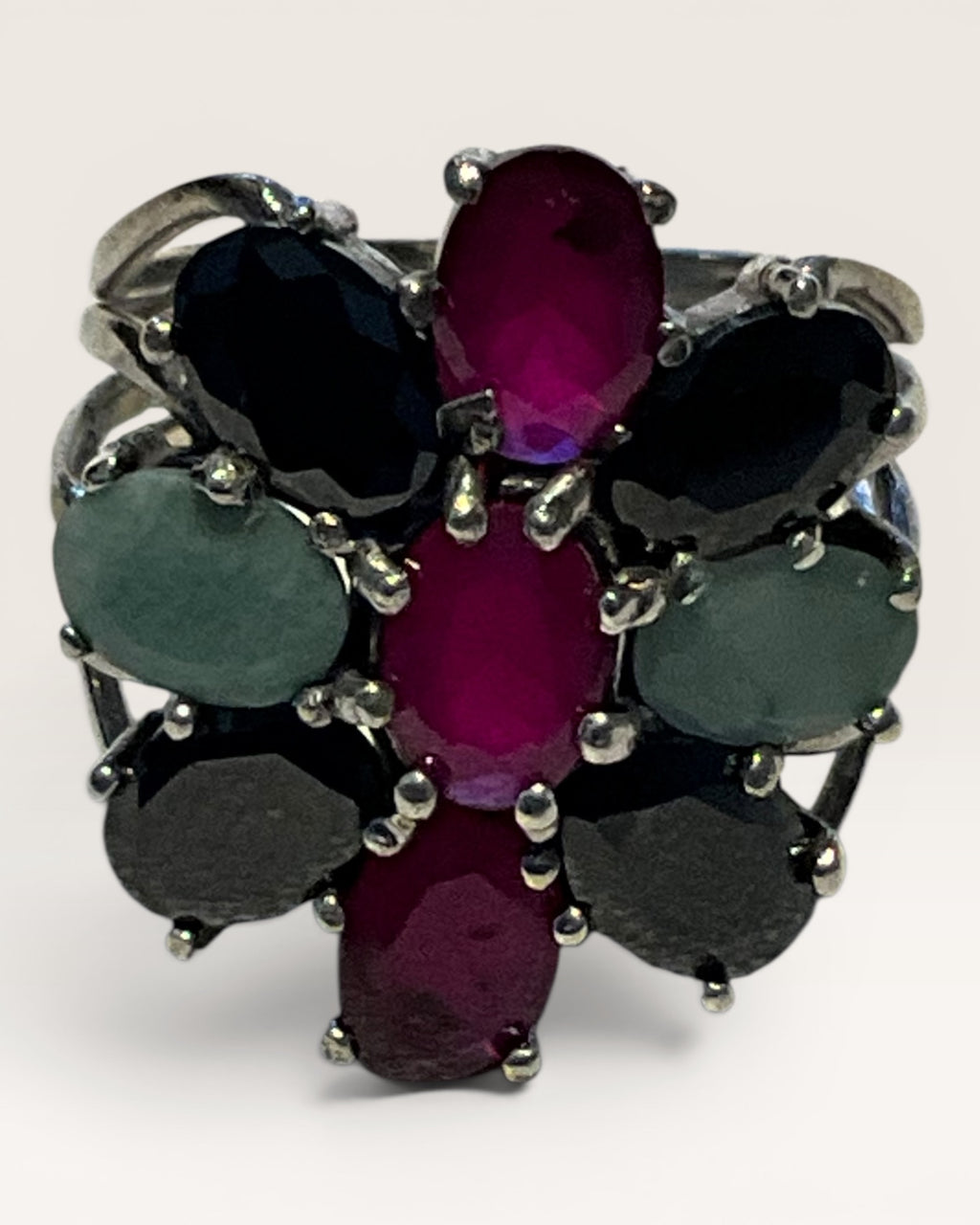 Sterling Silver Ruby, Sapphire & Emerald Cluster Ring - Estate Sale (Great Condition)