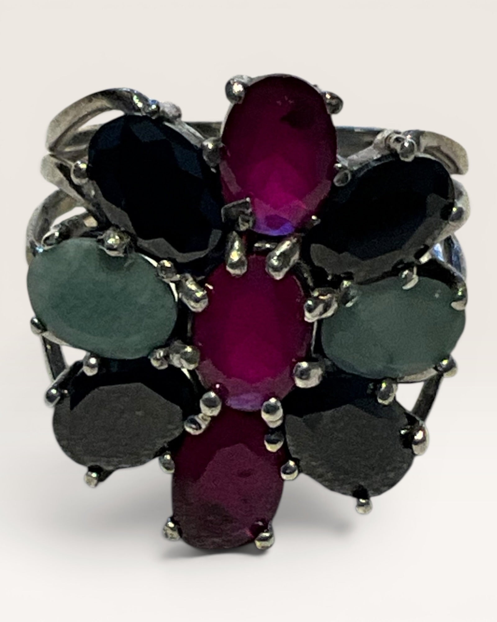 Sterling Silver Ruby, Sapphire & Emerald Cluster Ring - Estate Sale (Great Condition)