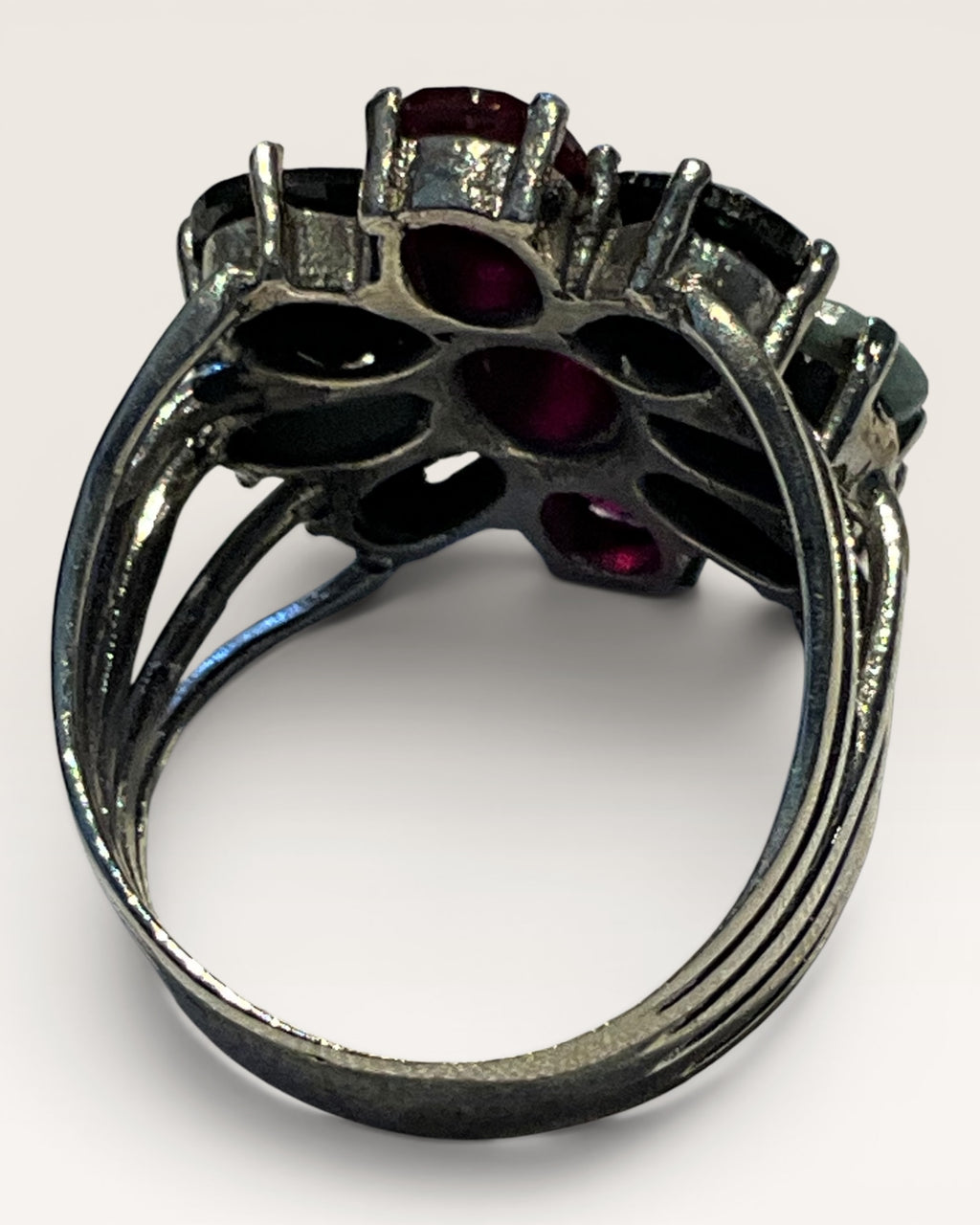 Sterling Silver Ruby, Sapphire & Emerald Cluster Ring - Estate Sale (Great Condition)
