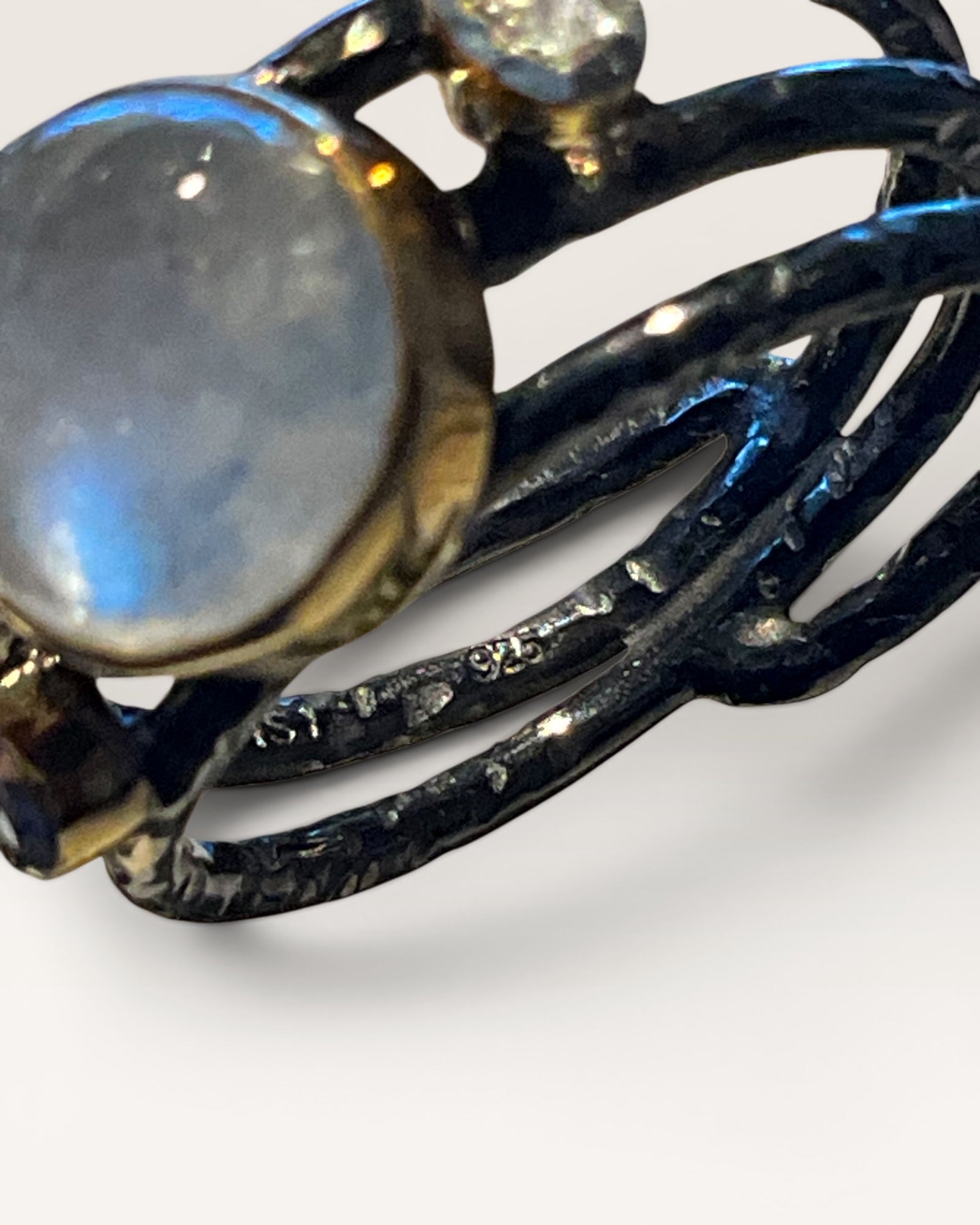 Gold Over Sterling Silver Moonstone & Natural Diamonds Gemstone Ring - Estate Sale (Great Condition)