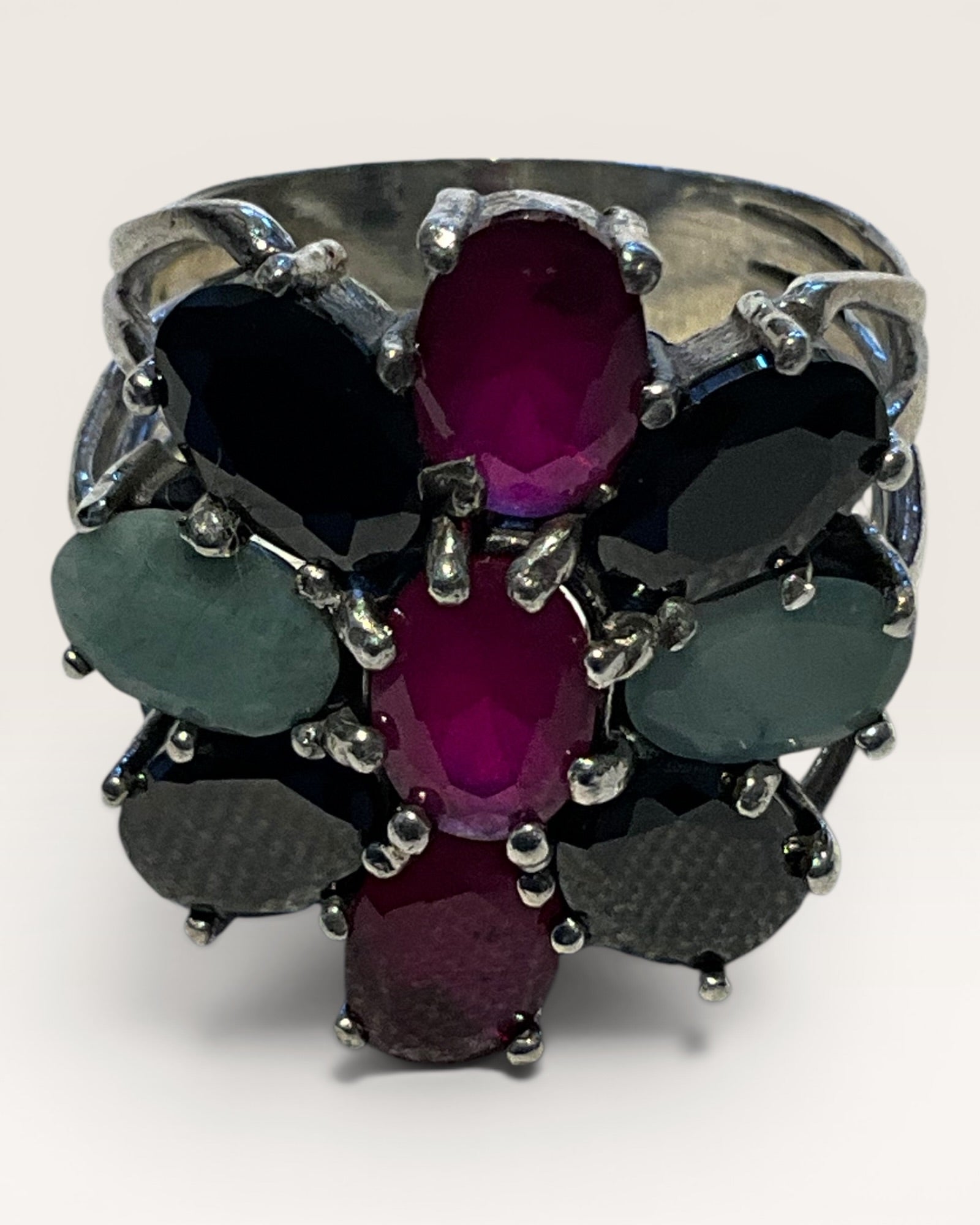 Sterling Silver Ruby, Sapphire & Emerald Cluster Ring - Estate Sale (Great Condition)