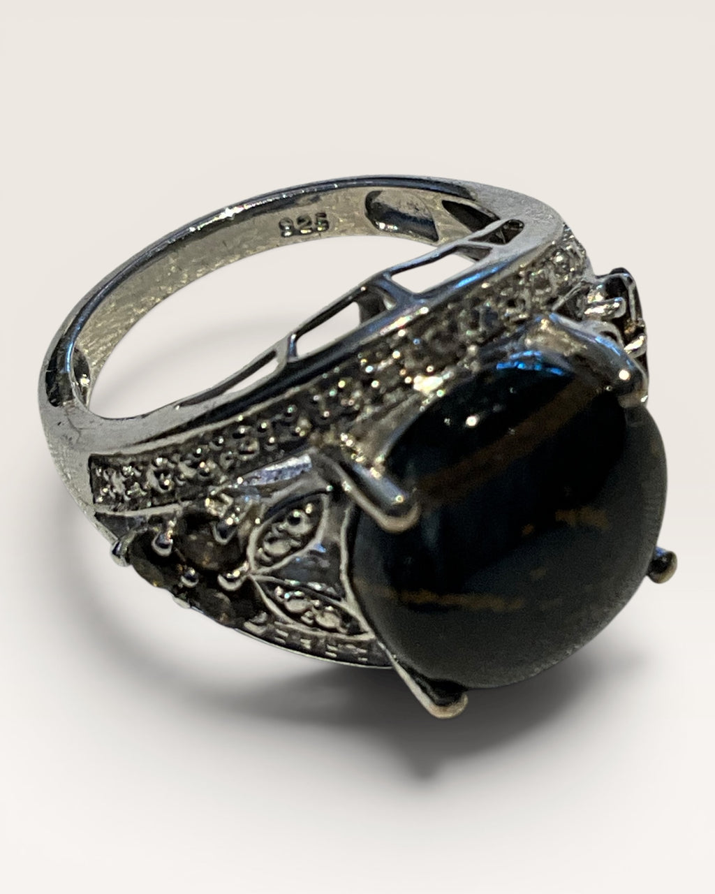 Sterling Silver Pietercite & Smoky Quartz Gemstone Ring - Estate Sale (Great Condition)