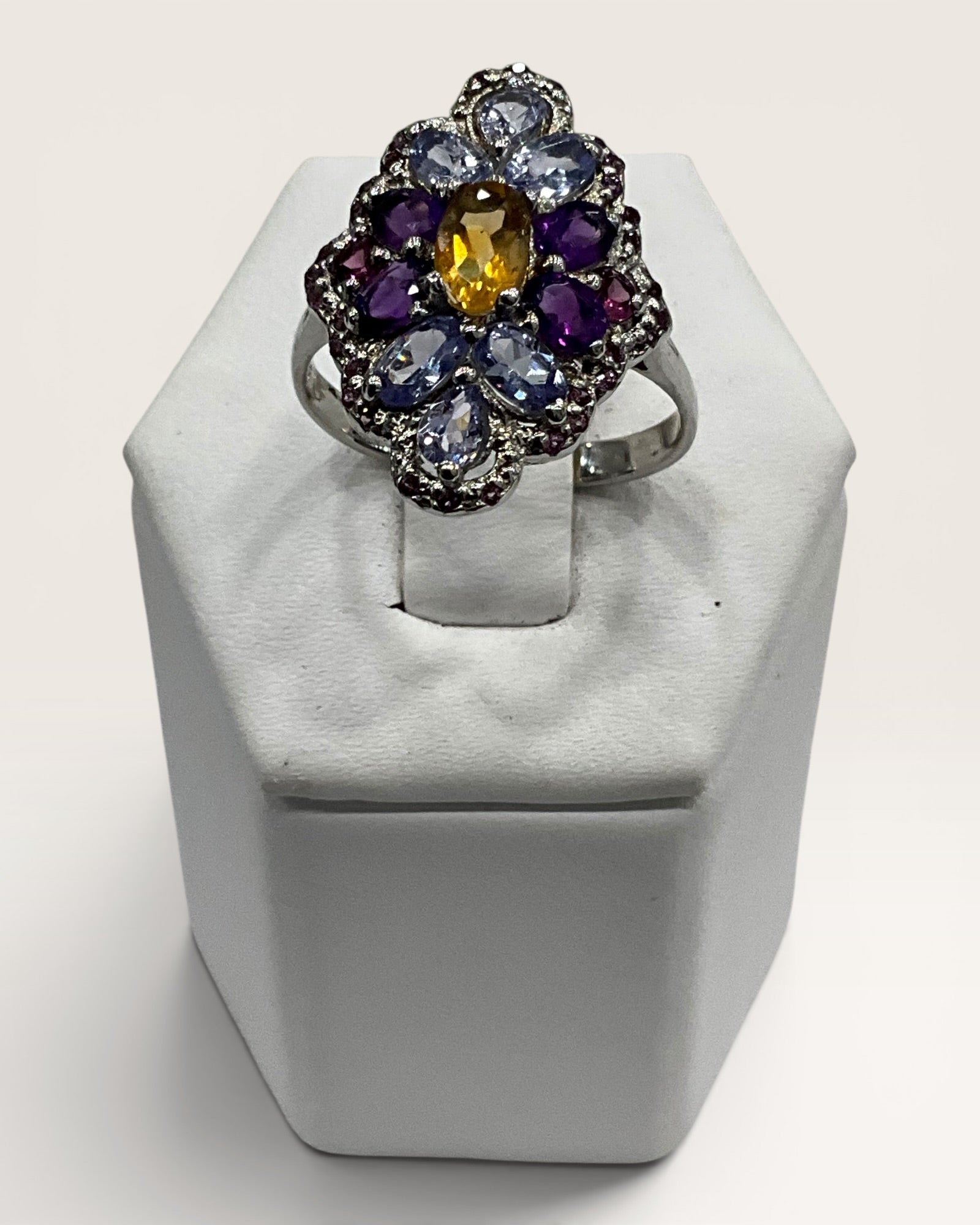 Sterling Silver Tanzanite Cluster with Citrine, Amethyst & Garnet
