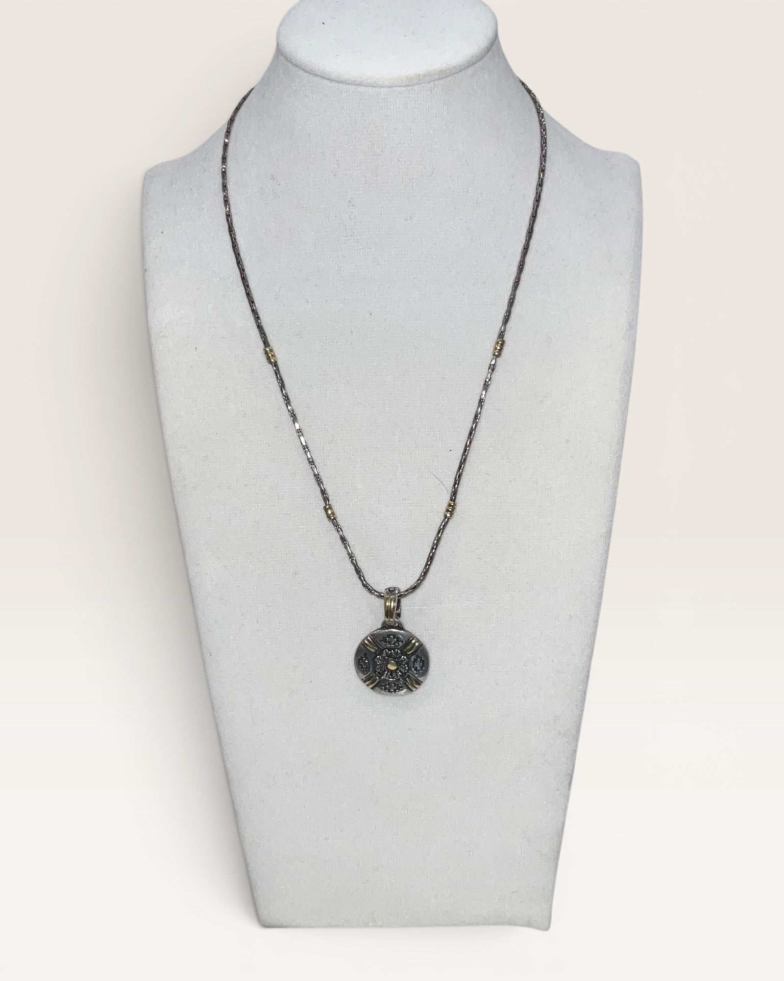 925 Sterling Silver Mixed Metal Artisan Pendant Necklace Oxidized Southwest Style - Estate Sale (Great Condition)
