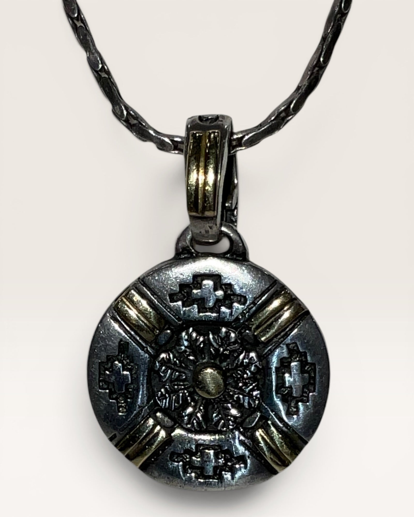 925 Sterling Silver Mixed Metal Artisan Pendant Necklace Oxidized Southwest Style - Estate Sale (Great Condition)