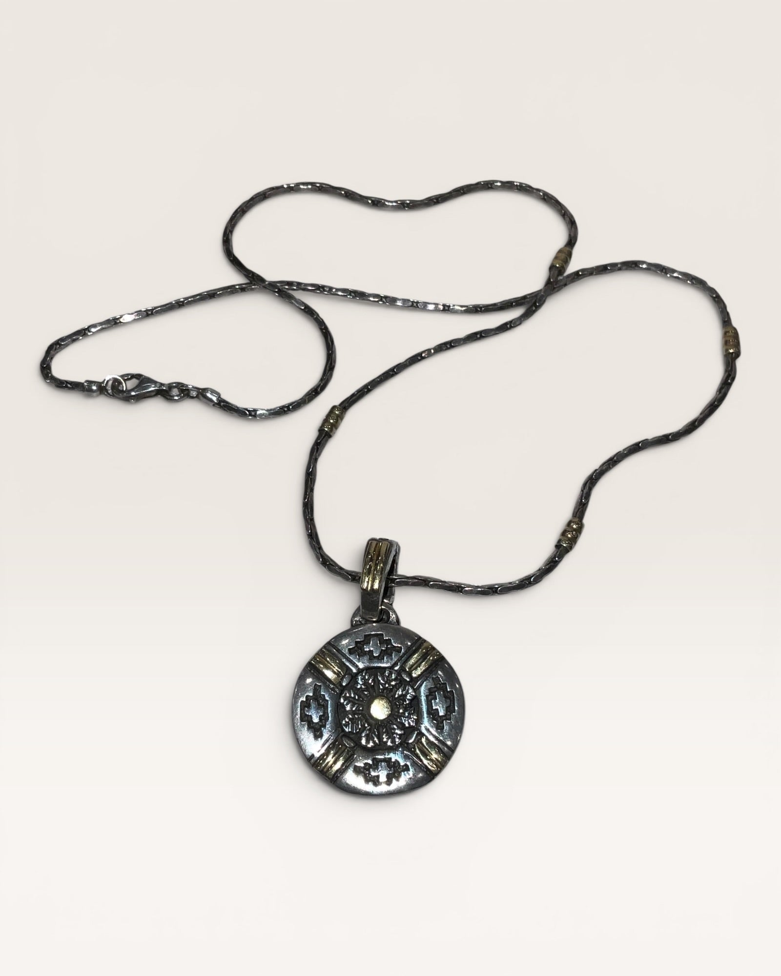 925 Sterling Silver Mixed Metal Artisan Pendant Necklace Oxidized Southwest Style - Estate Sale (Great Condition)