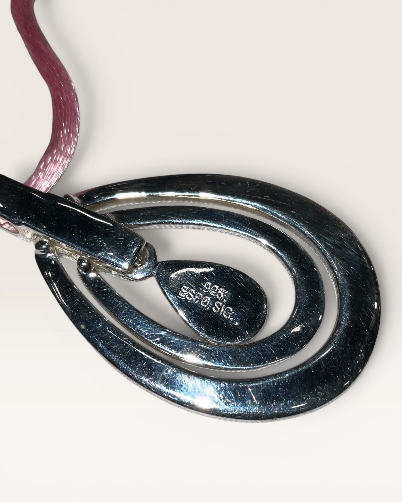 Espo Sig Sterling Silver Pendant Necklace on Pink Satin Cord - Estate Sale (Great Condition)