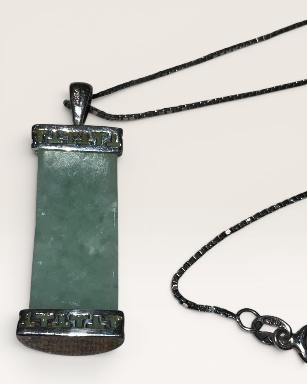 925 Sterling Silver Genuine Jade Chinese Blessing Scroll Pendant Necklace on Sterling Box Chain - Estate Sale (Great Condition)
