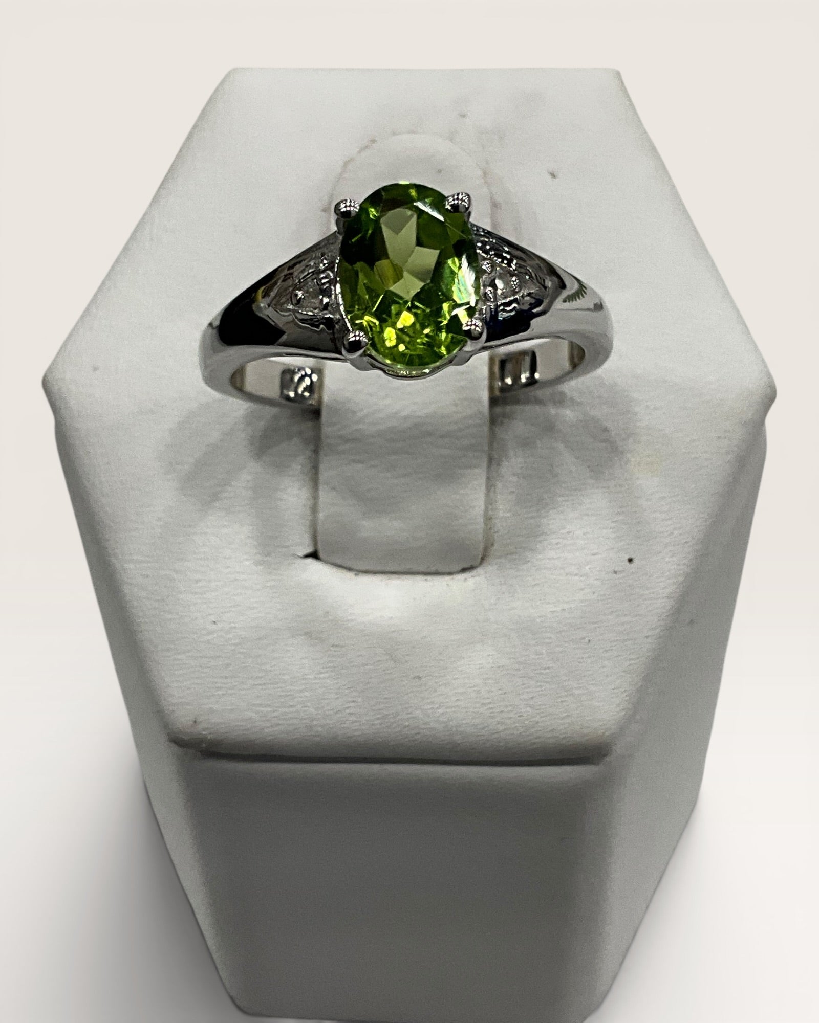 Sterling Silver Natural Peridot with White Topaz Gemstone Ring