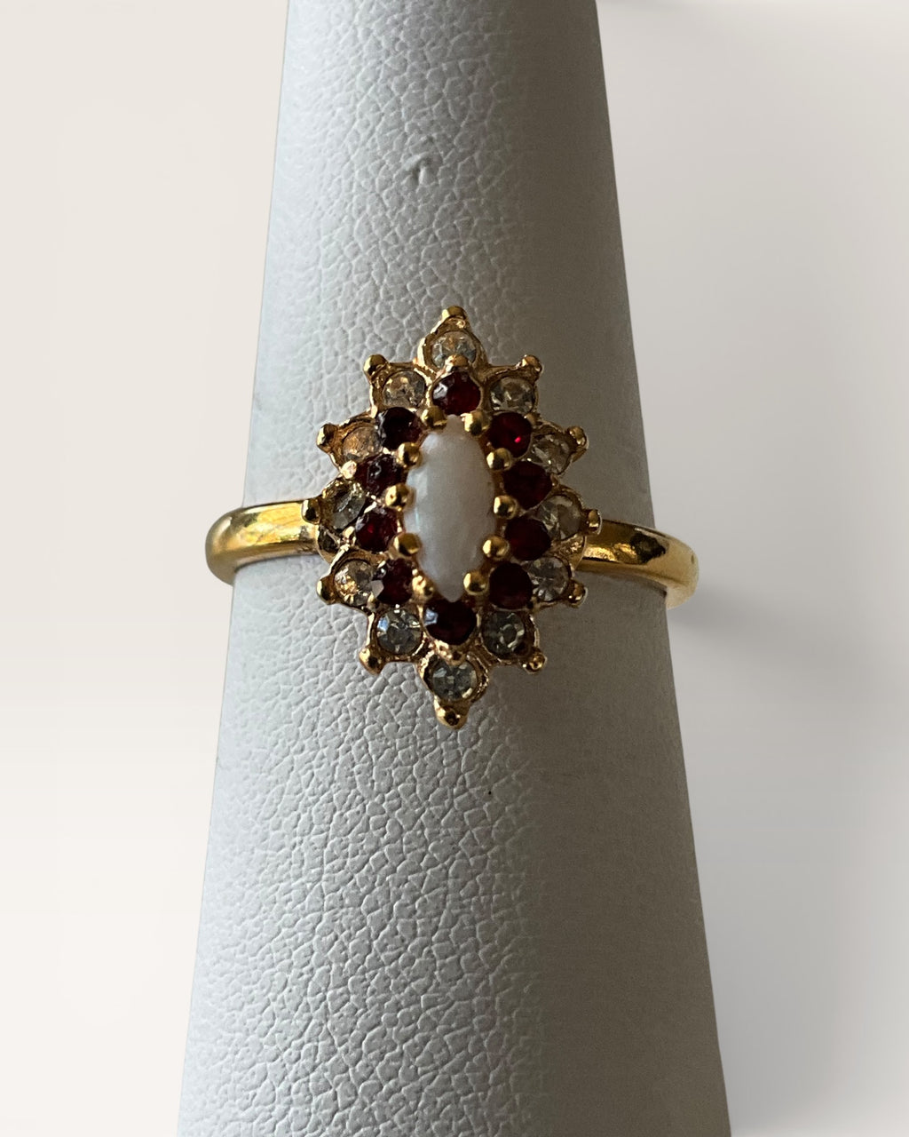 18K Gold Filled Lab Opal, Garnet & Cubic Zirconia Ring - Estate Sale (Great Condition)