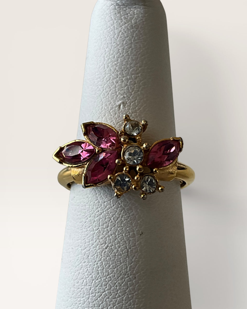 Avon Gold Tone with Pink and Clear Rhinestones Ring