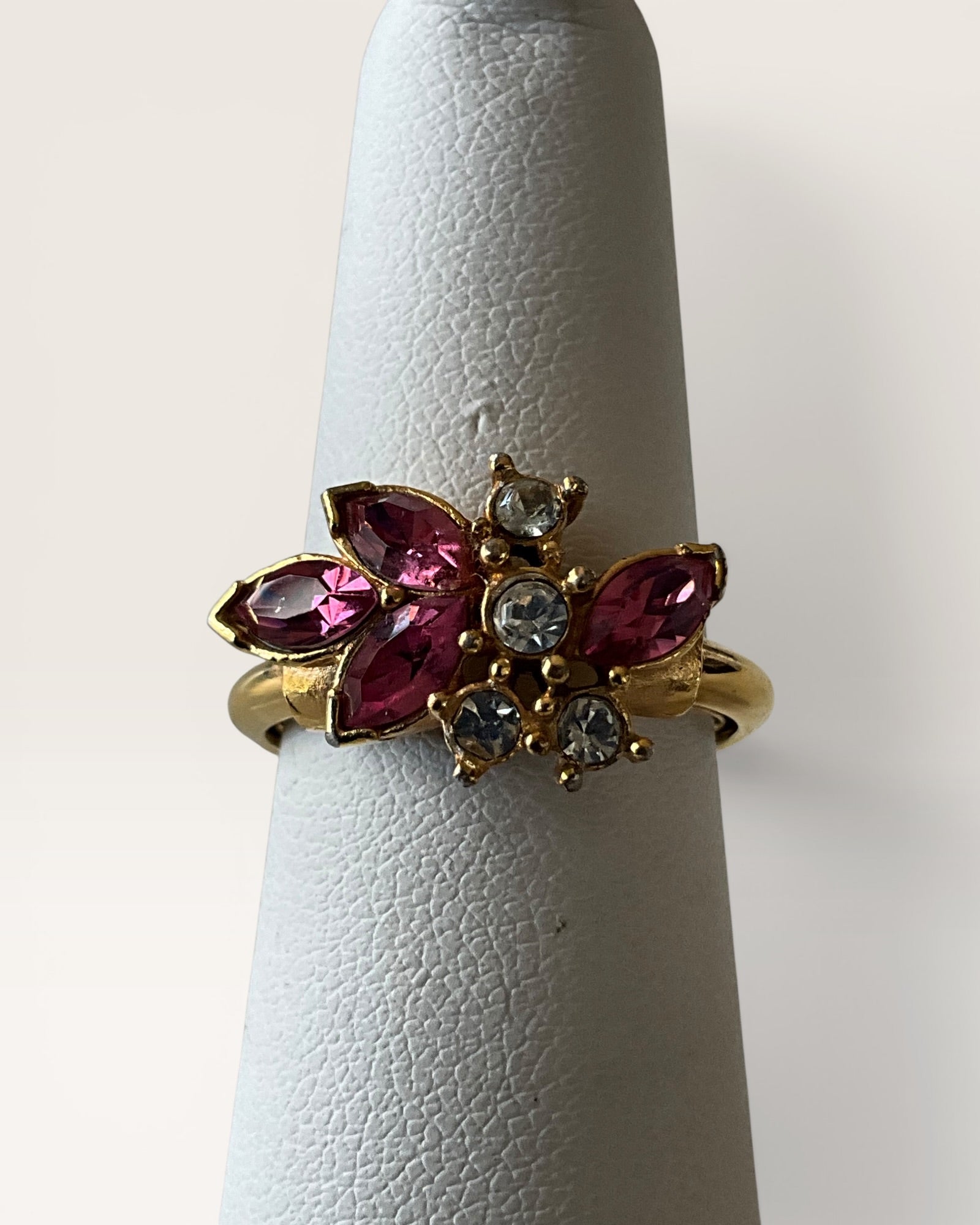 Avon Gold Tone with Pink and Clear Rhinestones Ring