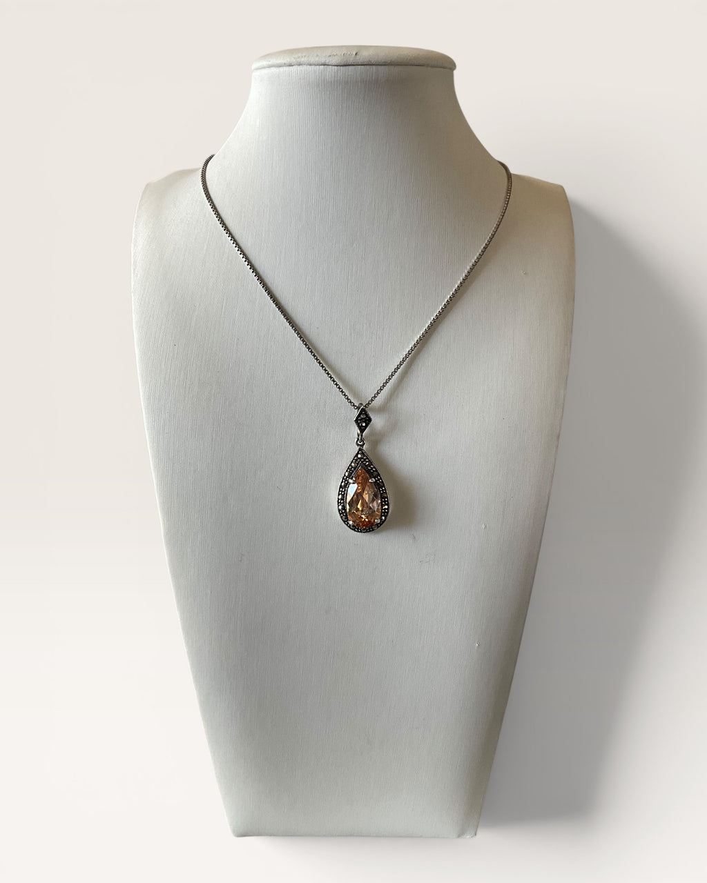 Sterling Silver & Marcasite Citrine Pendant Necklace - Estate Sale (Great Condition)