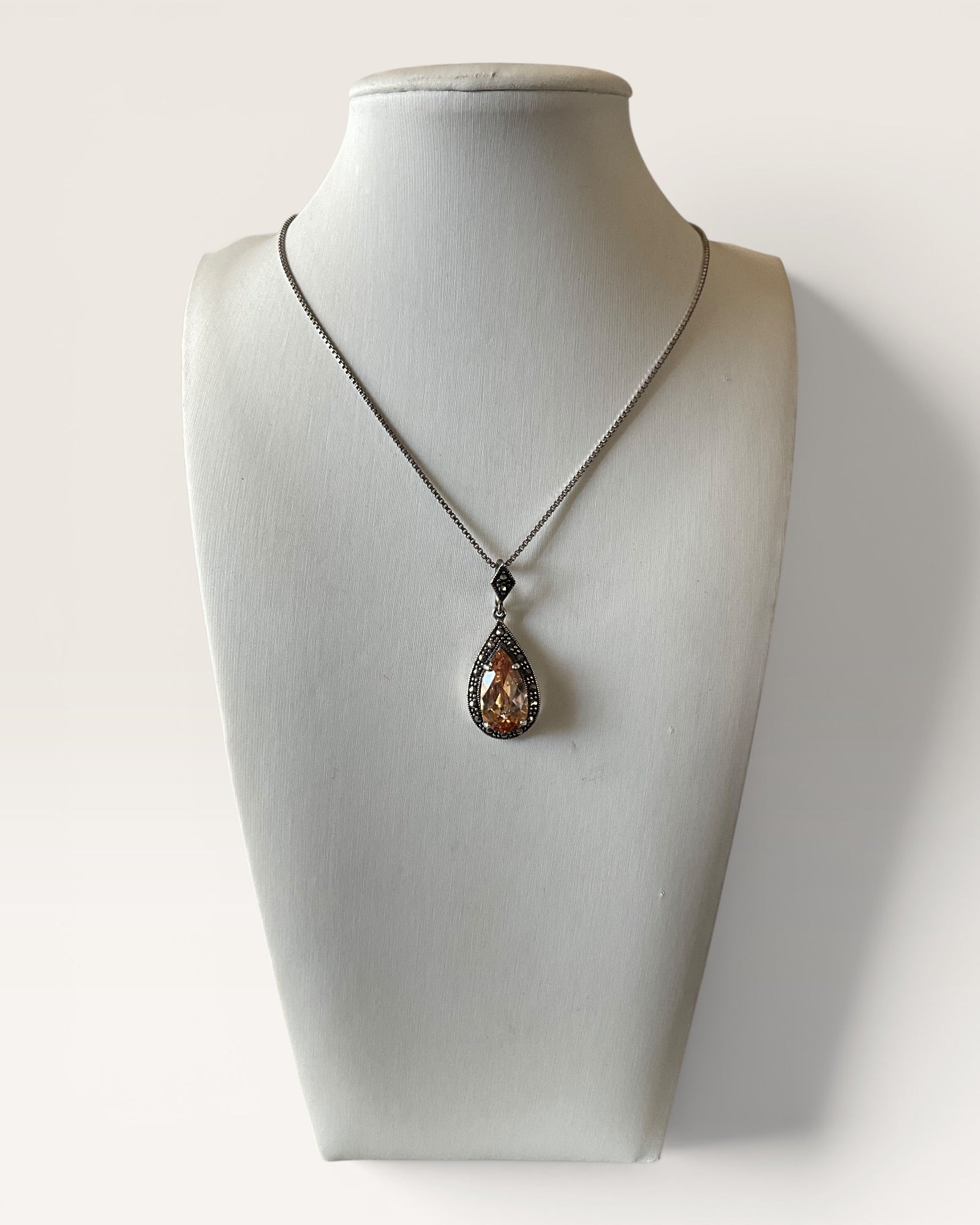 Sterling Silver & Marcasite Citrine Pendant Necklace - Estate Sale (Great Condition)