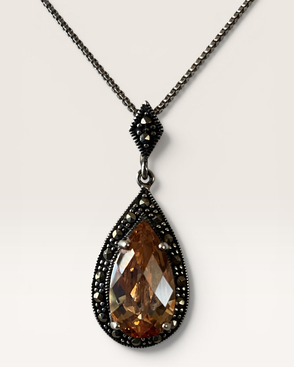 Sterling Silver & Marcasite Citrine Pendant Necklace - Estate Sale (Great Condition)