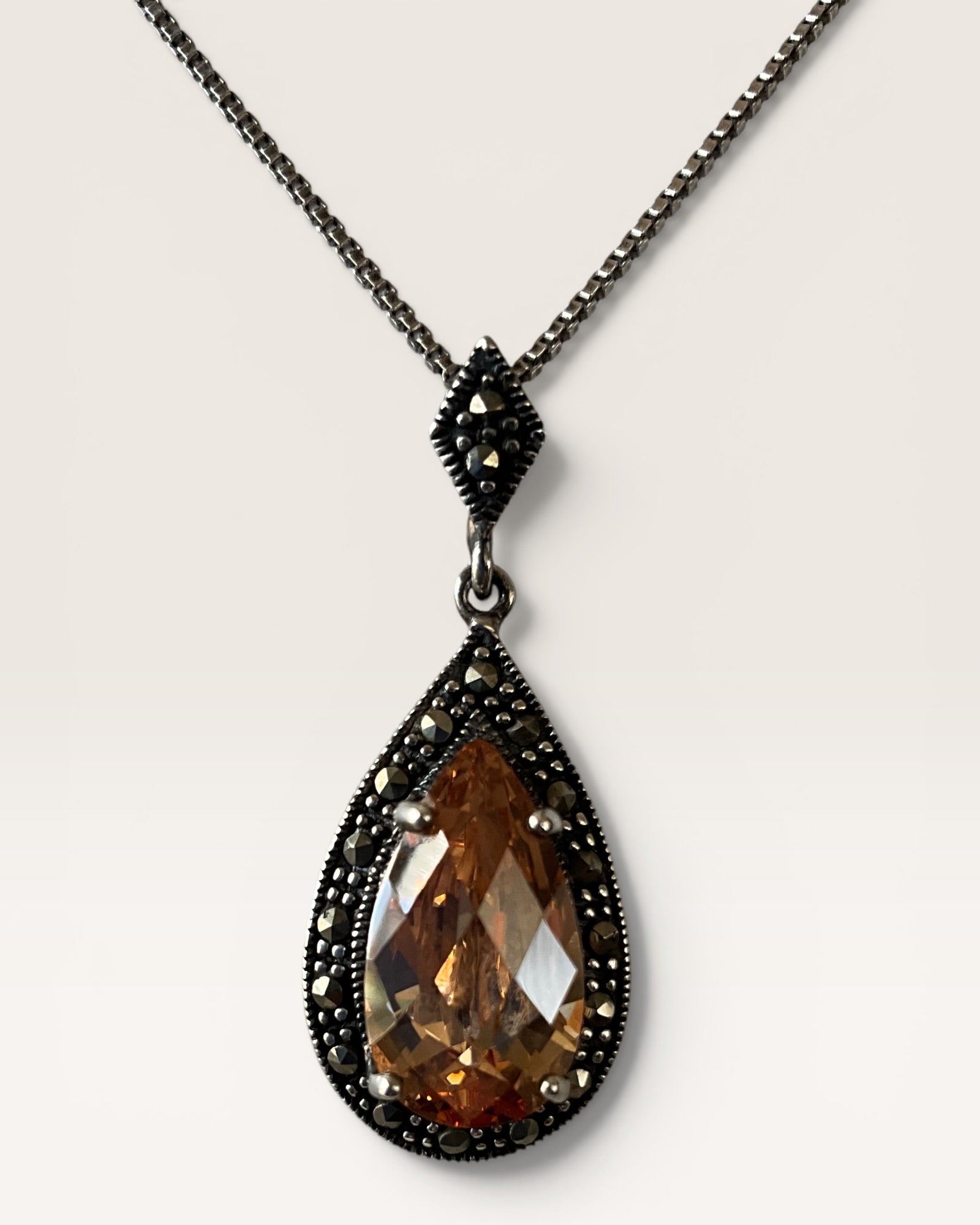 Sterling Silver & Marcasite Citrine Pendant Necklace - Estate Sale (Great Condition)
