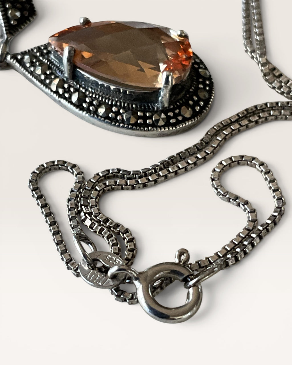 Sterling Silver & Marcasite Citrine Pendant Necklace - Estate Sale (Great Condition)