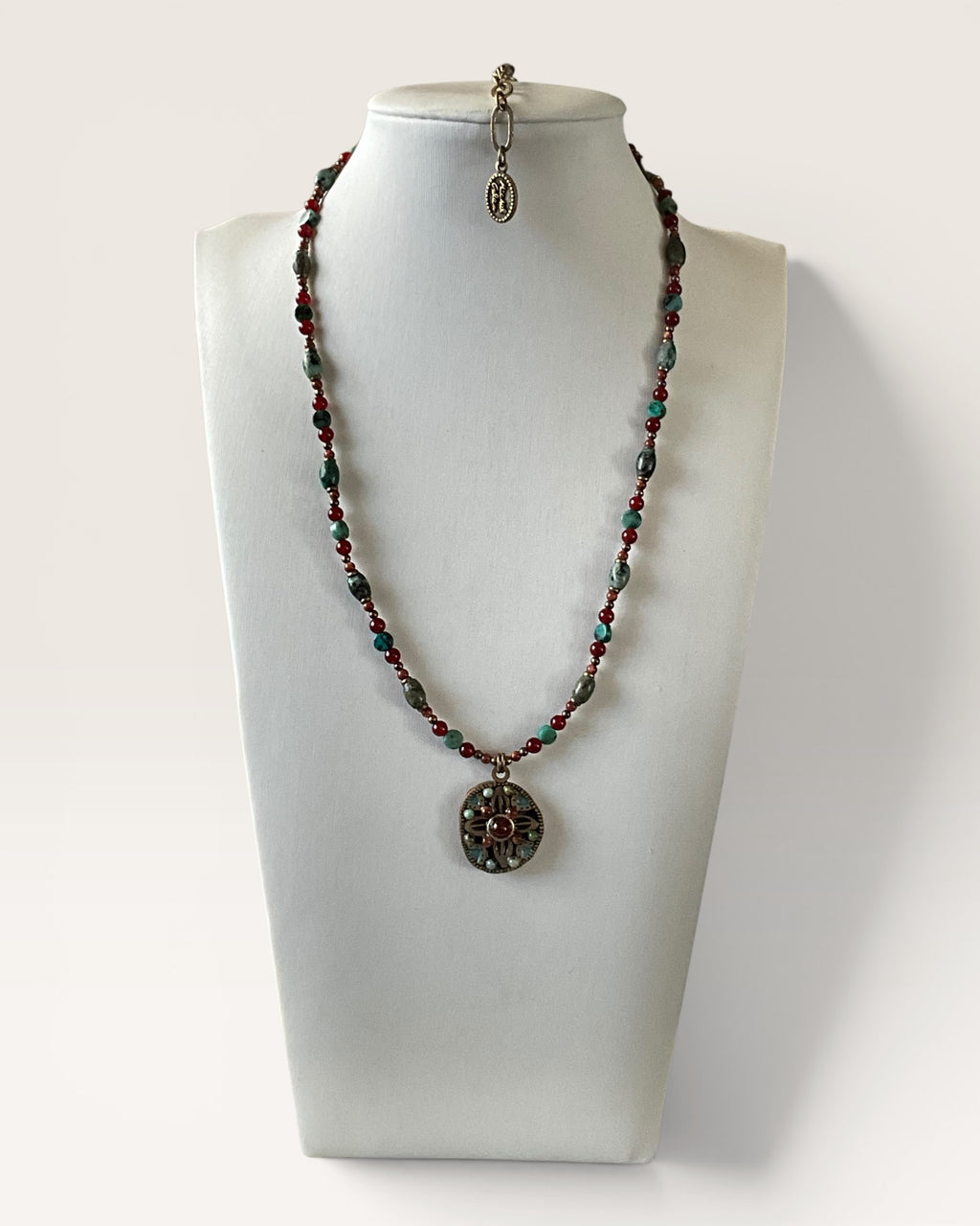 Michal Golan Earth Collection Round Aqua & Orange Mineral Stone Gold Tone Beaded Necklace - Estate Sale ( Great Condition)