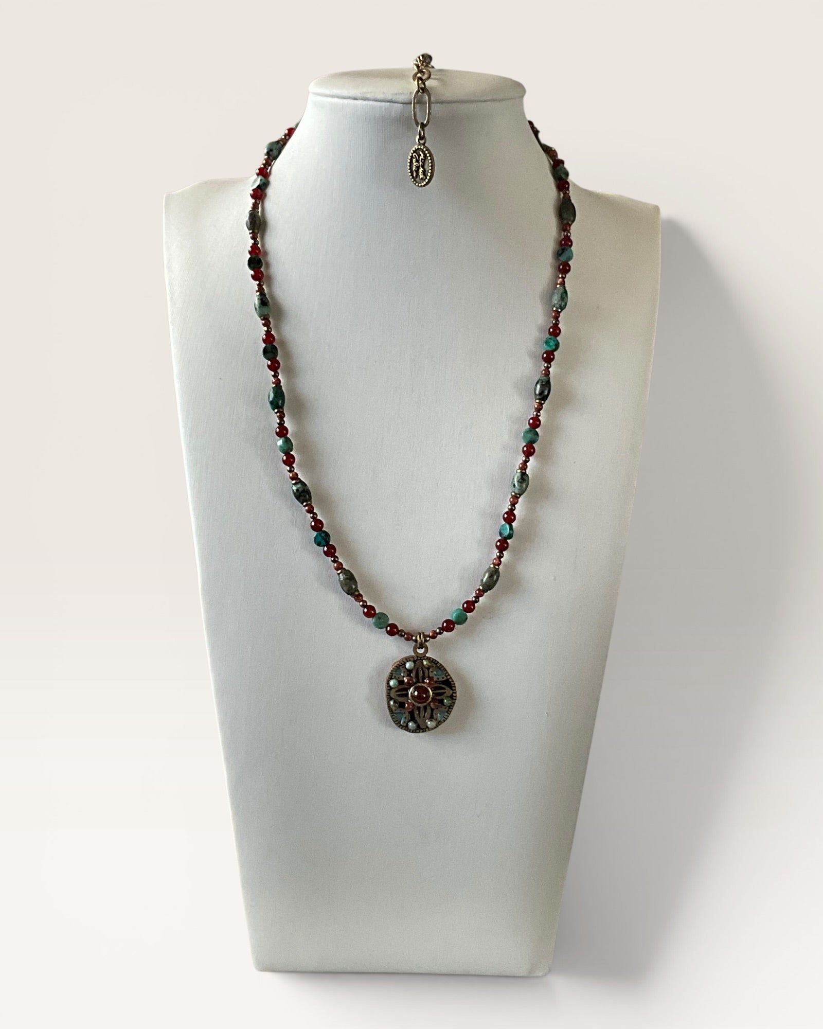 Michal Golan Earth Collection Round Aqua & Orange Mineral Stone Gold Tone Beaded Necklace - Estate Sale ( Great Condition)