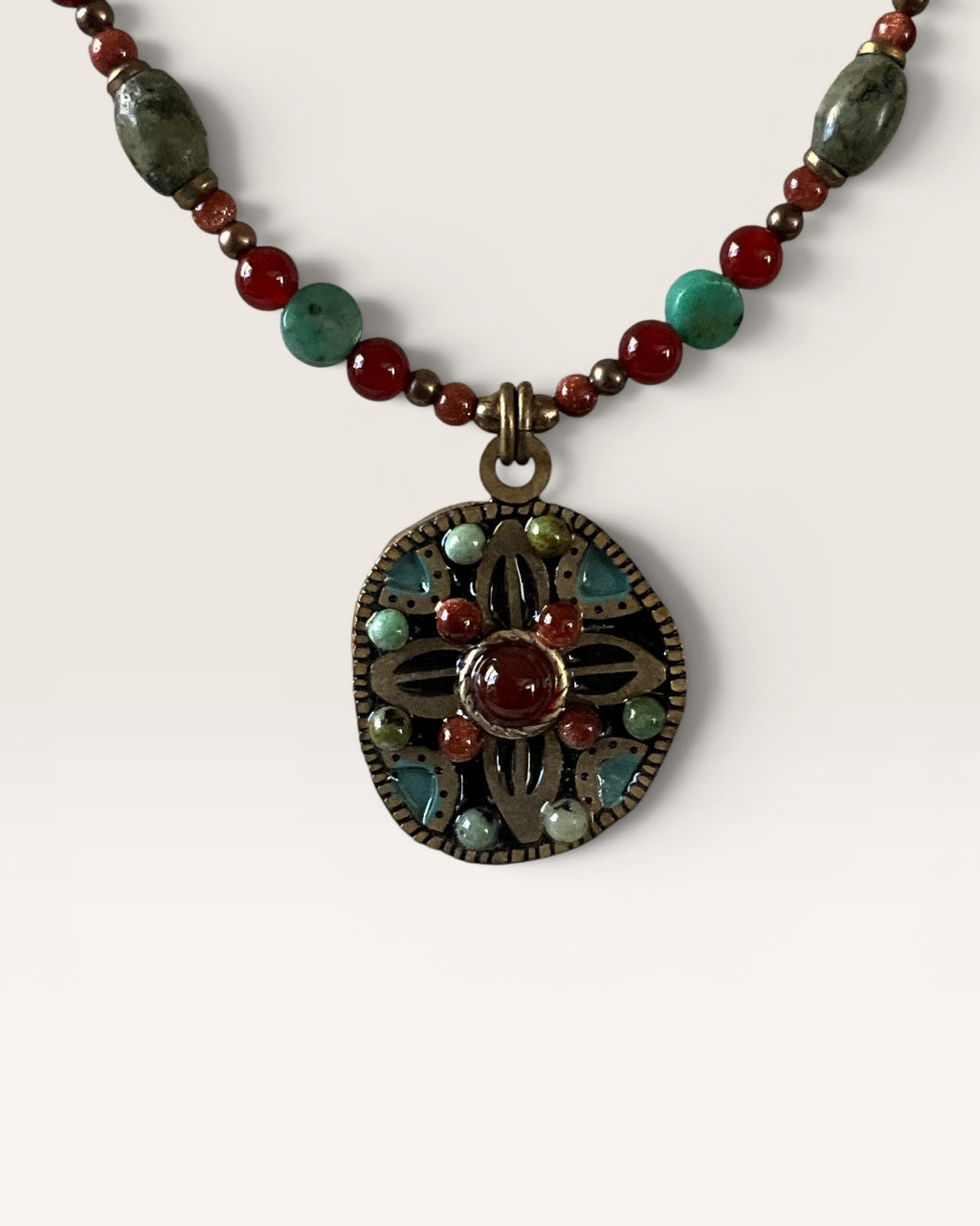 Michal Golan Earth Collection Round Aqua & Orange Mineral Stone Gold Tone Beaded Necklace - Estate Sale ( Great Condition)