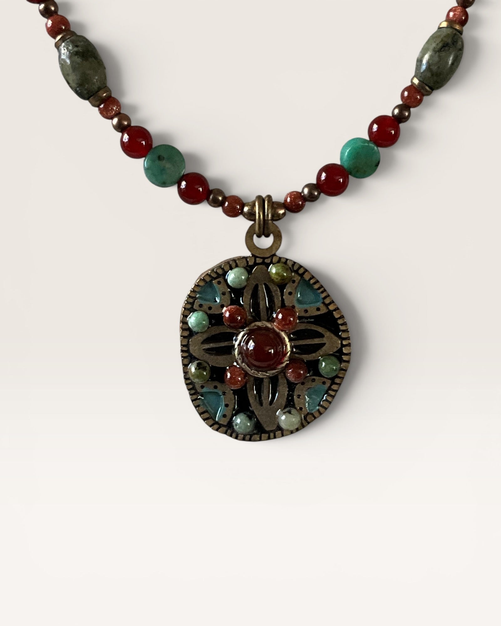 Michal Golan Earth Collection Round Aqua & Orange Mineral Stone Gold Tone Beaded Necklace - Estate Sale ( Great Condition)