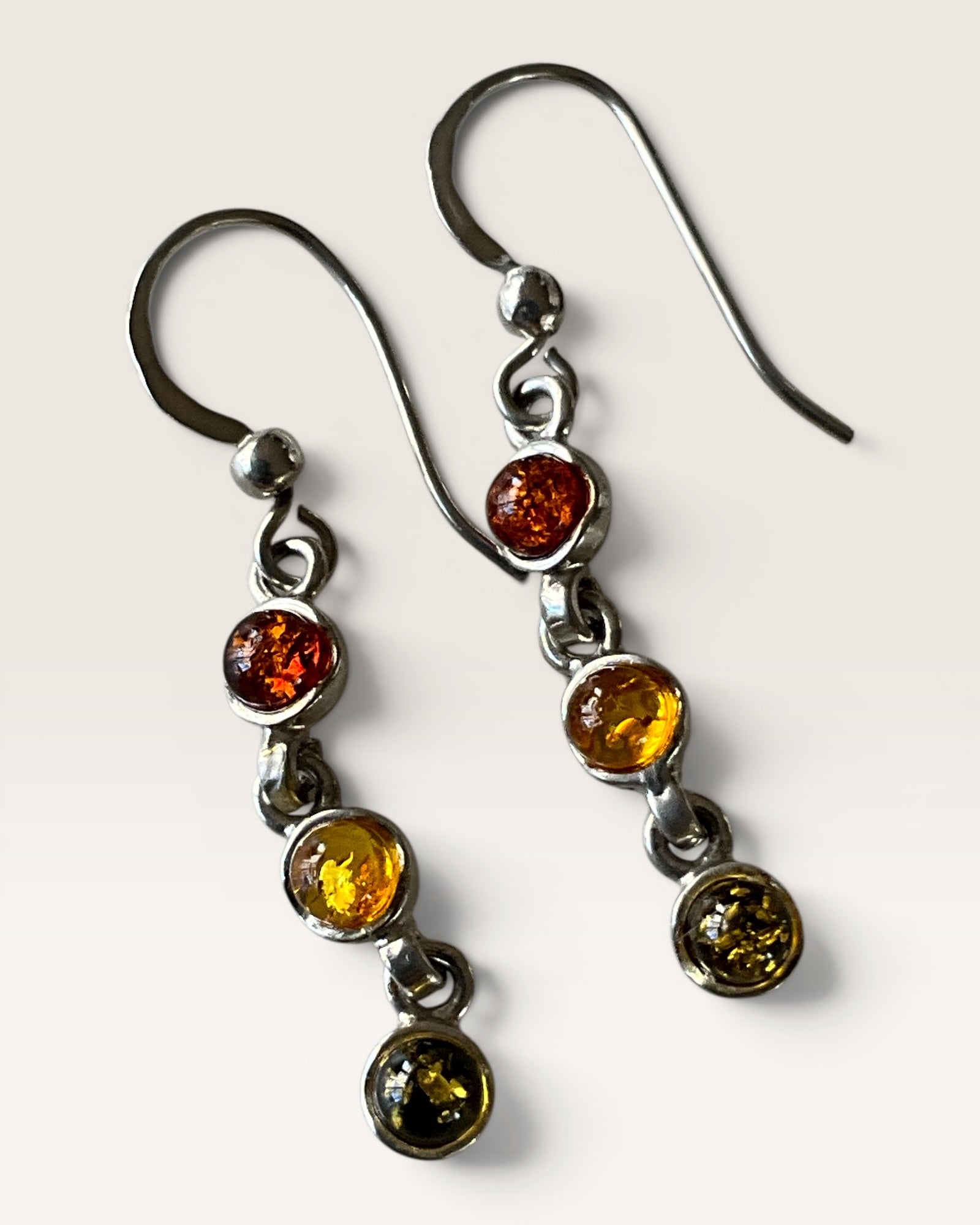 Sterling Silver 3 Amber Gemstone Dangle Earrings - Estate Sale (Great Condition)