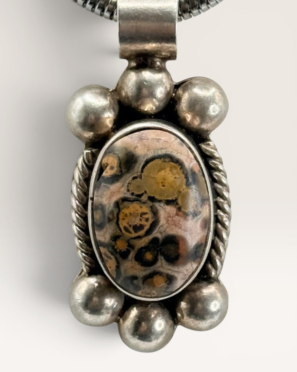 Tasco Mexico 13 grams Leopard Skin Jasper Pendant Necklace on 18” Chain - Estate Sale (Great Condition)