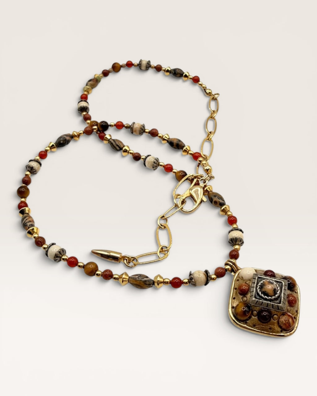 Vintage Michal Golan Tigers Eye, Carnelian, Leopard Skin Jasper, & Sunstone Necklace Adjustable 14 To 17 Inches Long - Estate Sale (Great Condition)