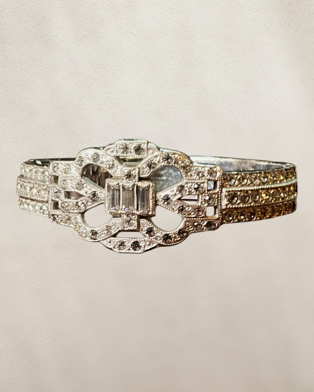 Art Decco LLCO Vintage Bracelet Features a Band with Rhinestones & Vertical Ribbing 6-1/2” Silver Tone - Estate Sale (Great Condition)