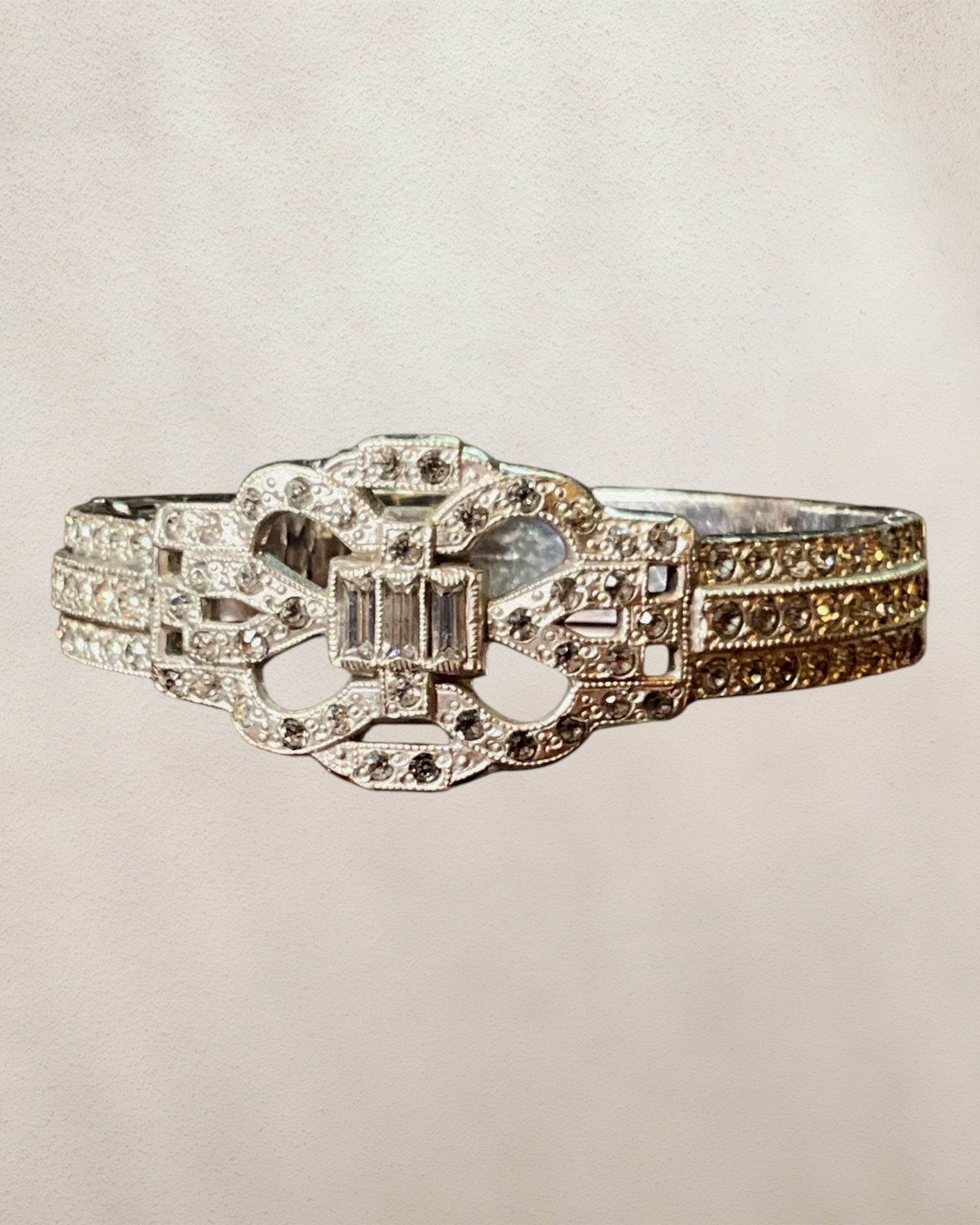 Art Decco LLCO Vintage Bracelet Features a Band with Rhinestones & Vertical Ribbing 6-1/2” Silver Tone - Estate Sale (Great Condition)
