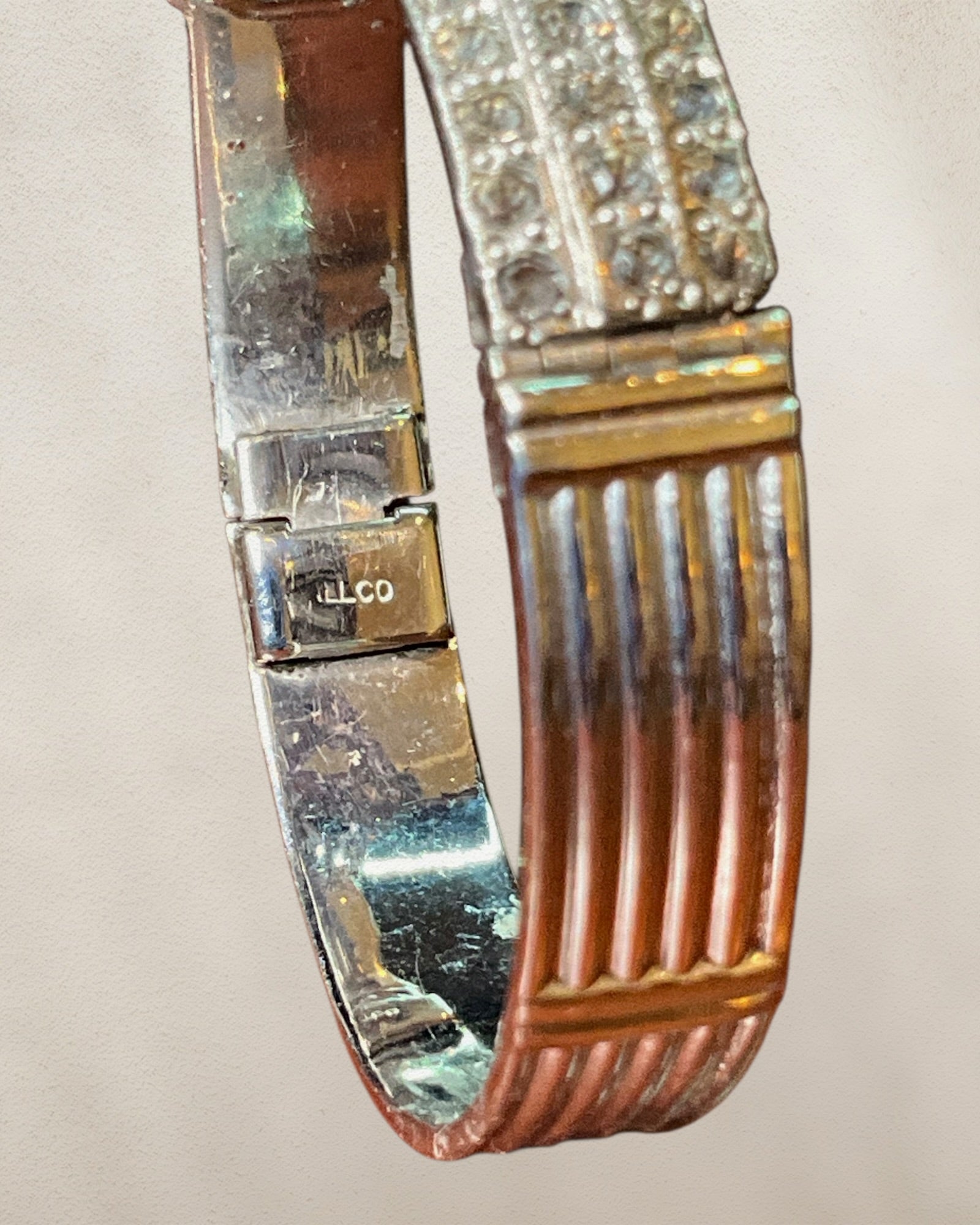 Art Decco LLCO Vintage Bracelet Features a Band with Rhinestones & Vertical Ribbing 6-1/2” Silver Tone - Estate Sale (Great Condition)