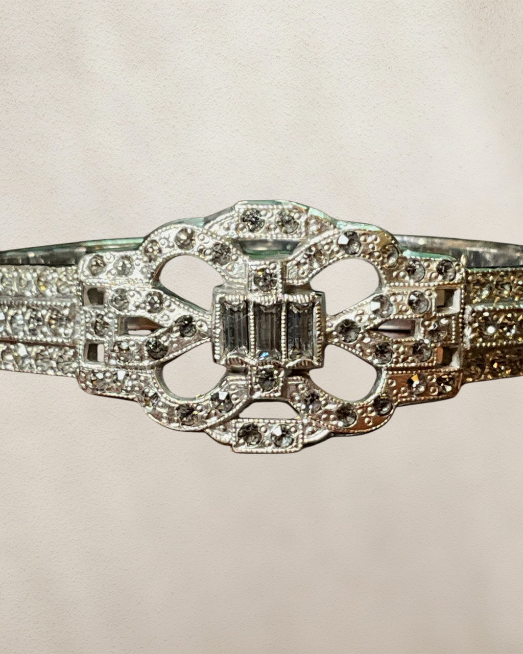 Art Decco LLCO Vintage Bracelet Features a Band with Rhinestones & Vertical Ribbing 6-1/2” Silver Tone - Estate Sale (Great Condition)