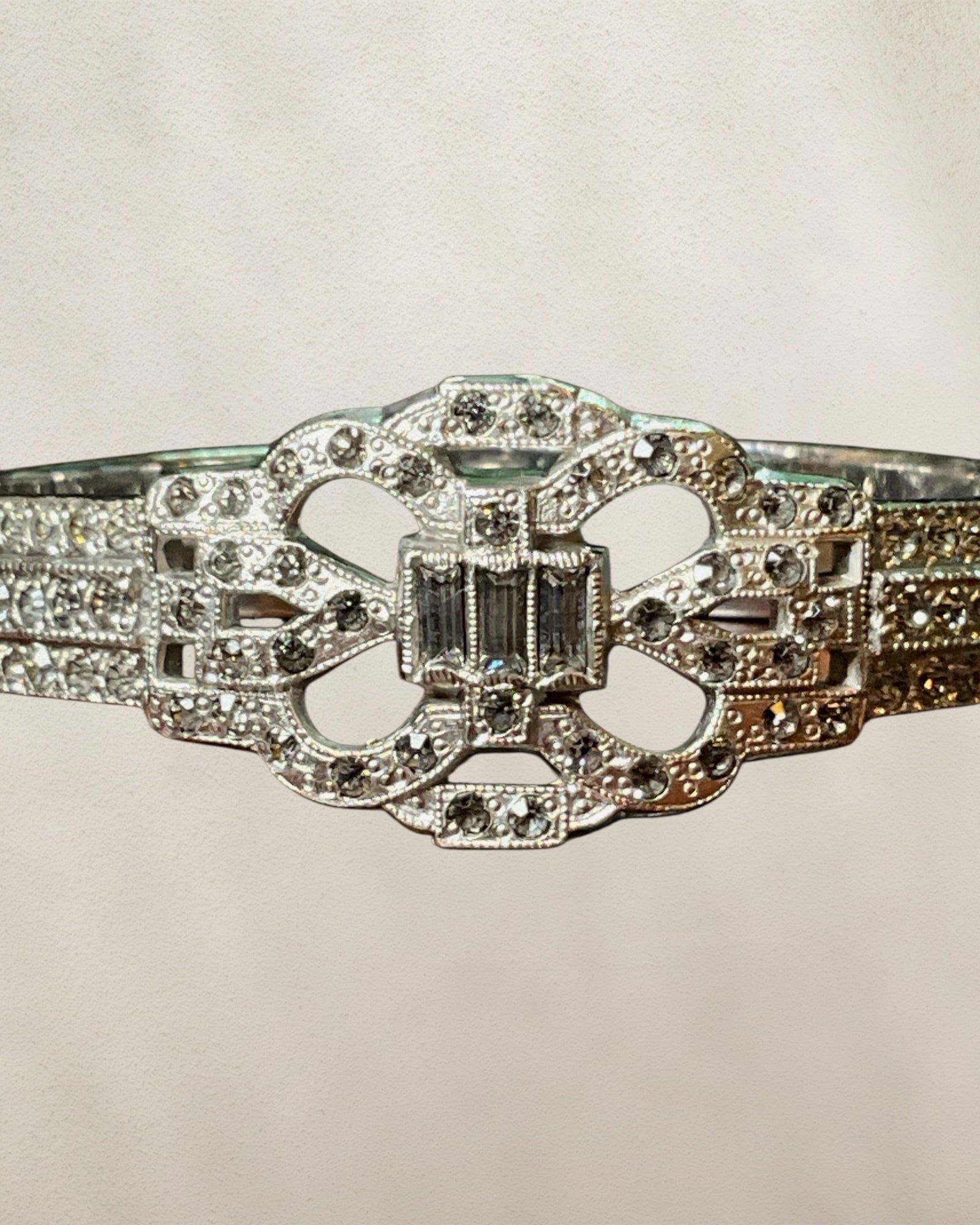Art Decco LLCO Vintage Bracelet Features a Band with Rhinestones & Vertical Ribbing 6-1/2” Silver Tone - Estate Sale (Great Condition)