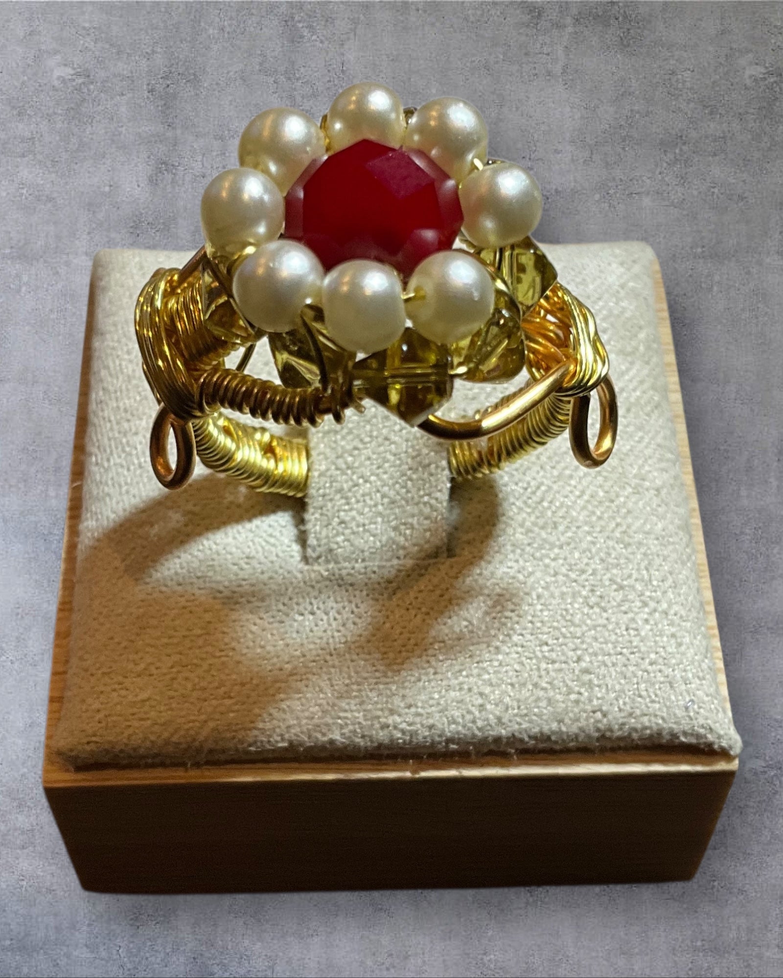 Red Crystal & Pearl Floral Wire Wrapped Ring (Size 9)